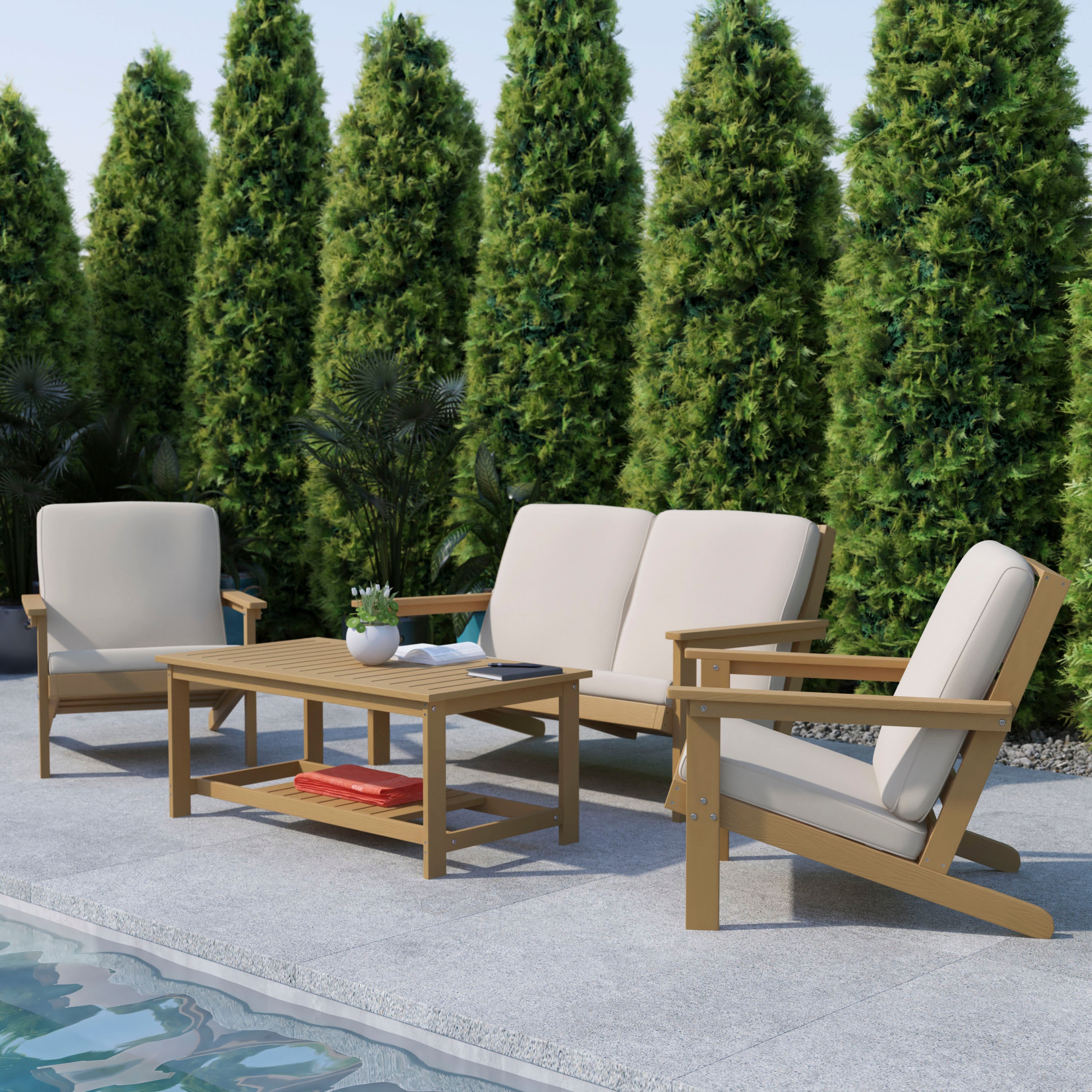 Charlestown All-Weather Poly Resin Wood Two Tiered Commercial Grade Adirondack Slatted Coffee Conversation Table in Natural Cedar
