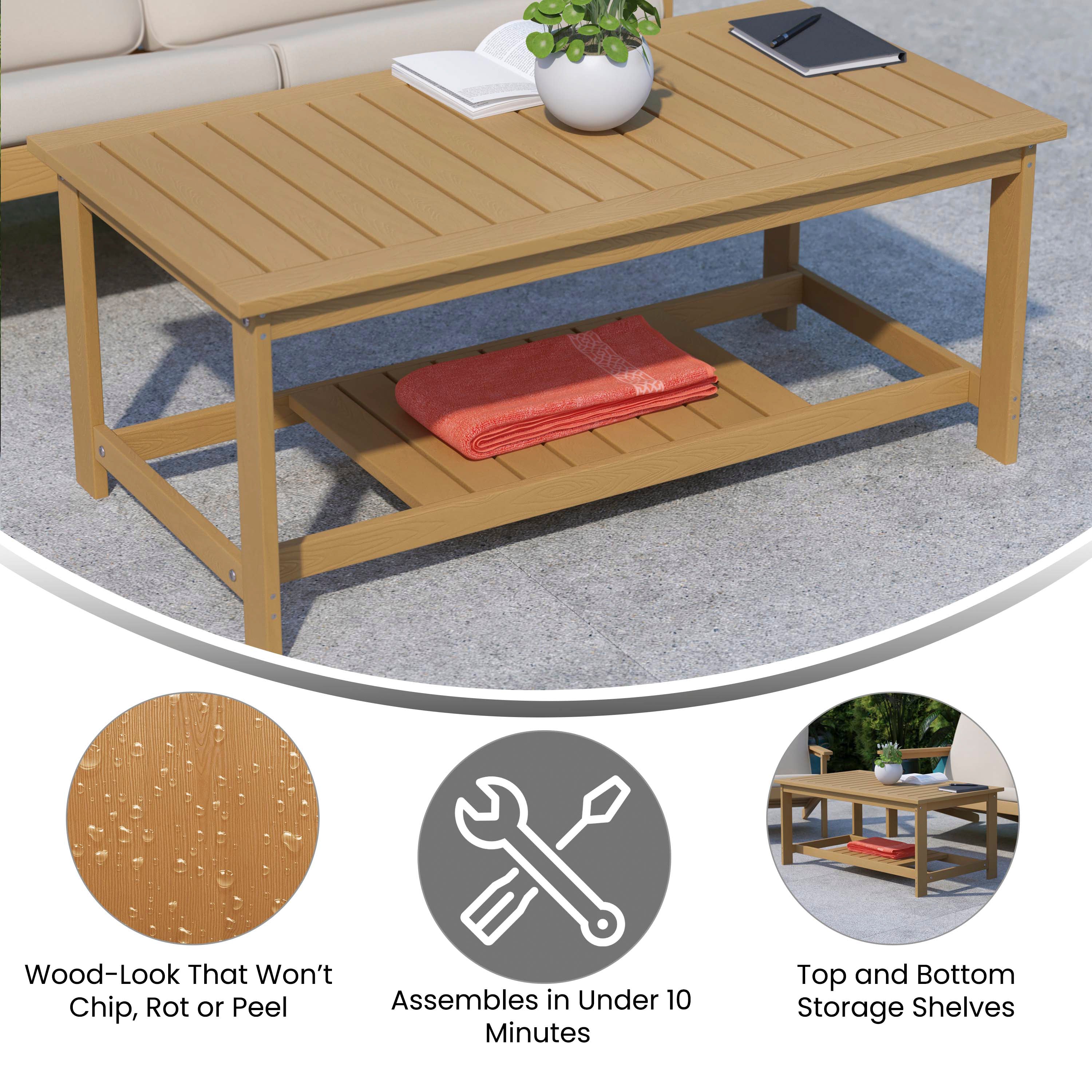 Charlestown All-Weather Poly Resin Wood Two Tiered Commercial Grade Adirondack Slatted Coffee Conversation Table in Natural Cedar