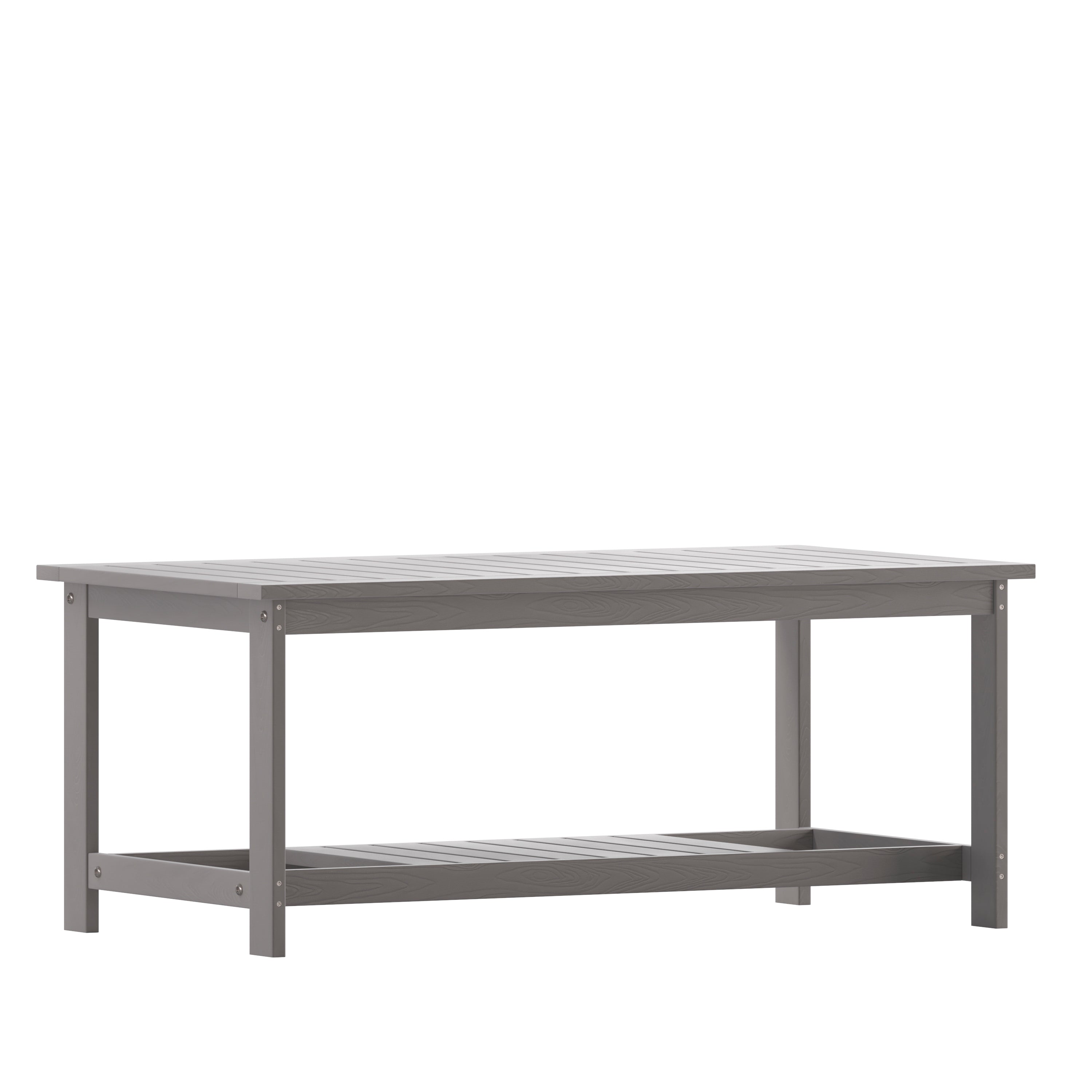 Charlestown All-Weather Poly Resin Wood Two Tiered Commercial Grade Adirondack Slatted Coffee Conversation Table in Gray