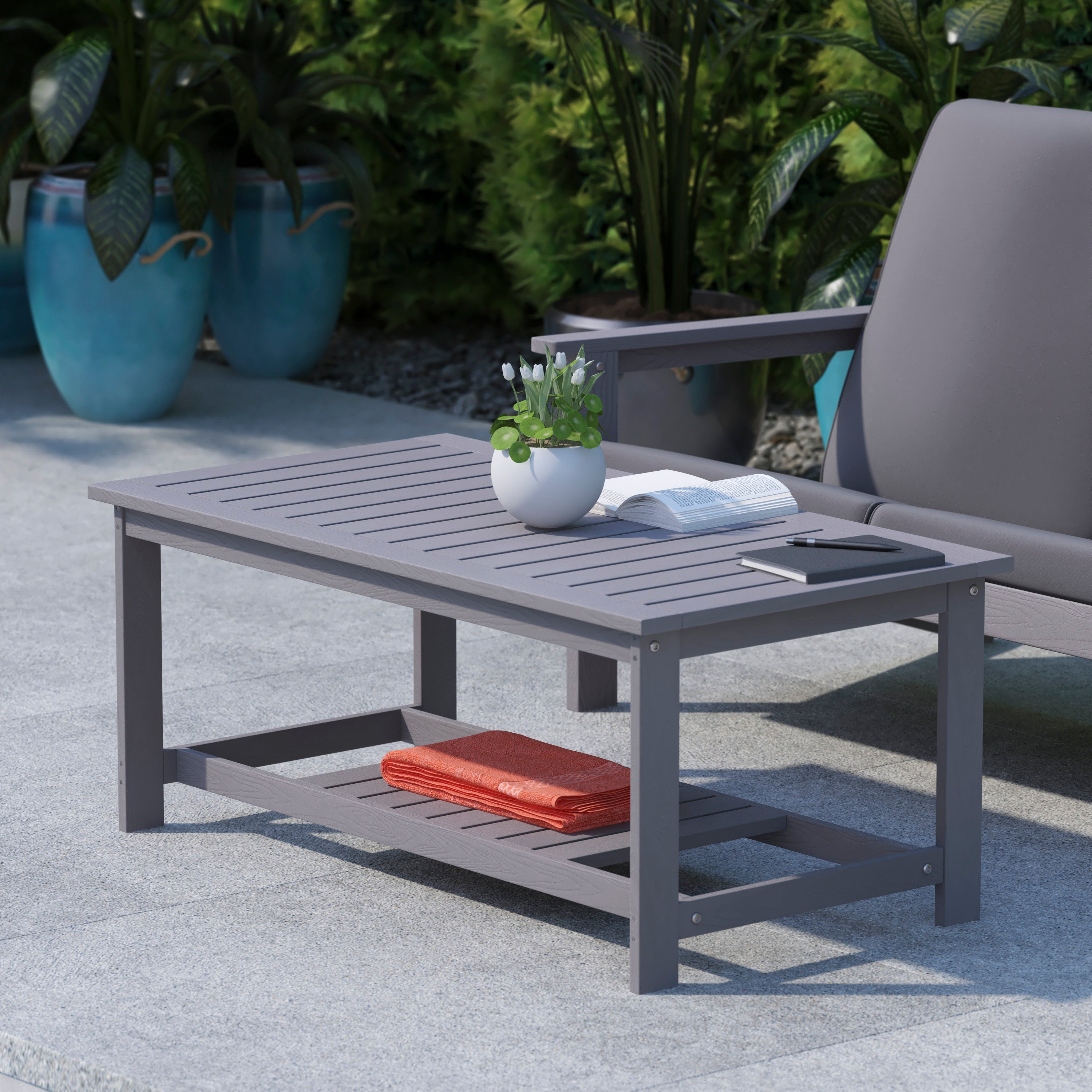 Charlestown All-Weather Poly Resin Wood Two Tiered Commercial Grade Adirondack Slatted Coffee Conversation Table in Gray