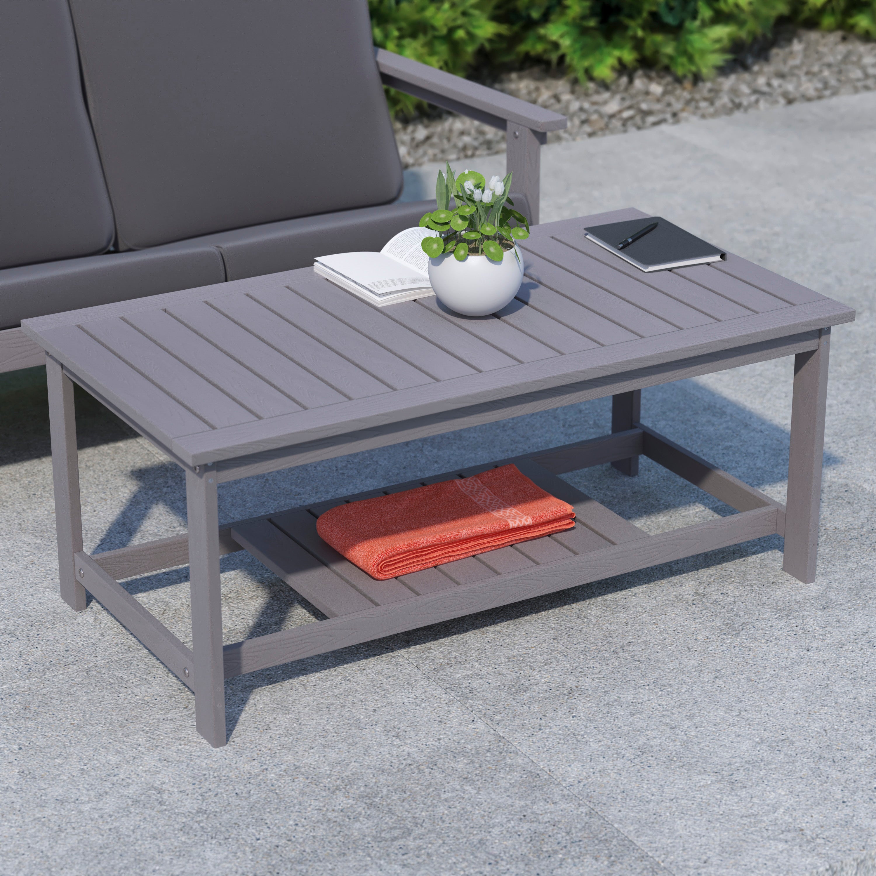 Charlestown All-Weather Poly Resin Wood Two Tiered Commercial Grade Adirondack Slatted Coffee Conversation Table in Gray