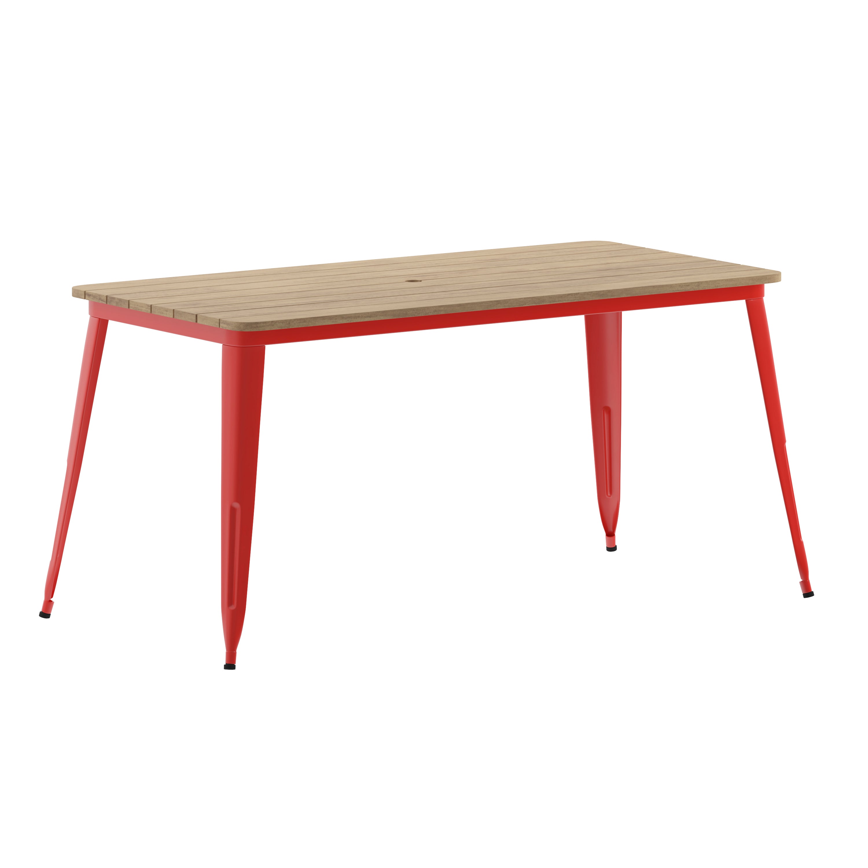 Declan Commercial Indoor/Outdoor Dining Table with Umbrella Hole, 30" x 60" All Weather Brown Poly Resin Top and Red Steel Base