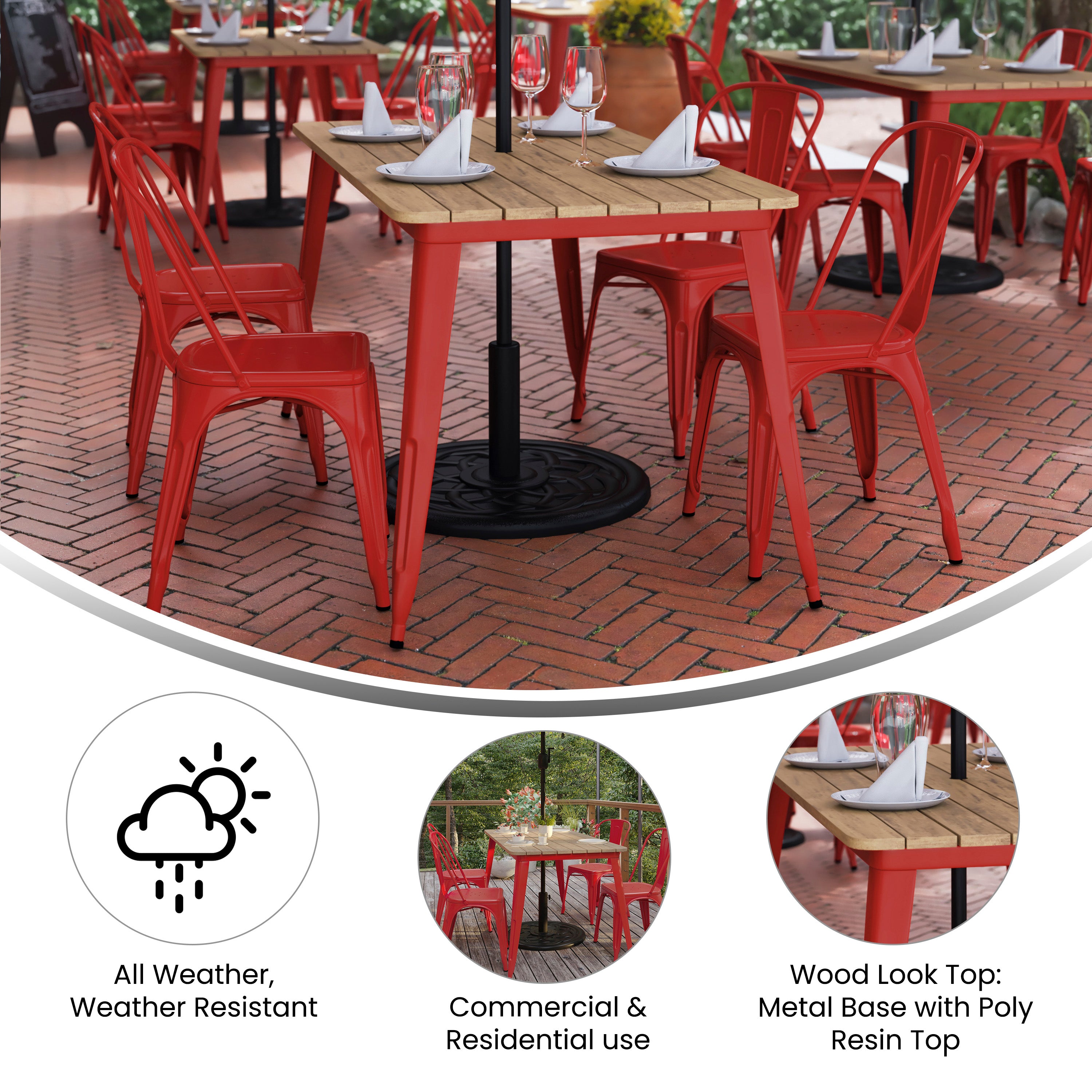Declan Commercial Indoor/Outdoor Dining Table with Umbrella Hole, 30" x 60" All Weather Brown Poly Resin Top and Red Steel Base