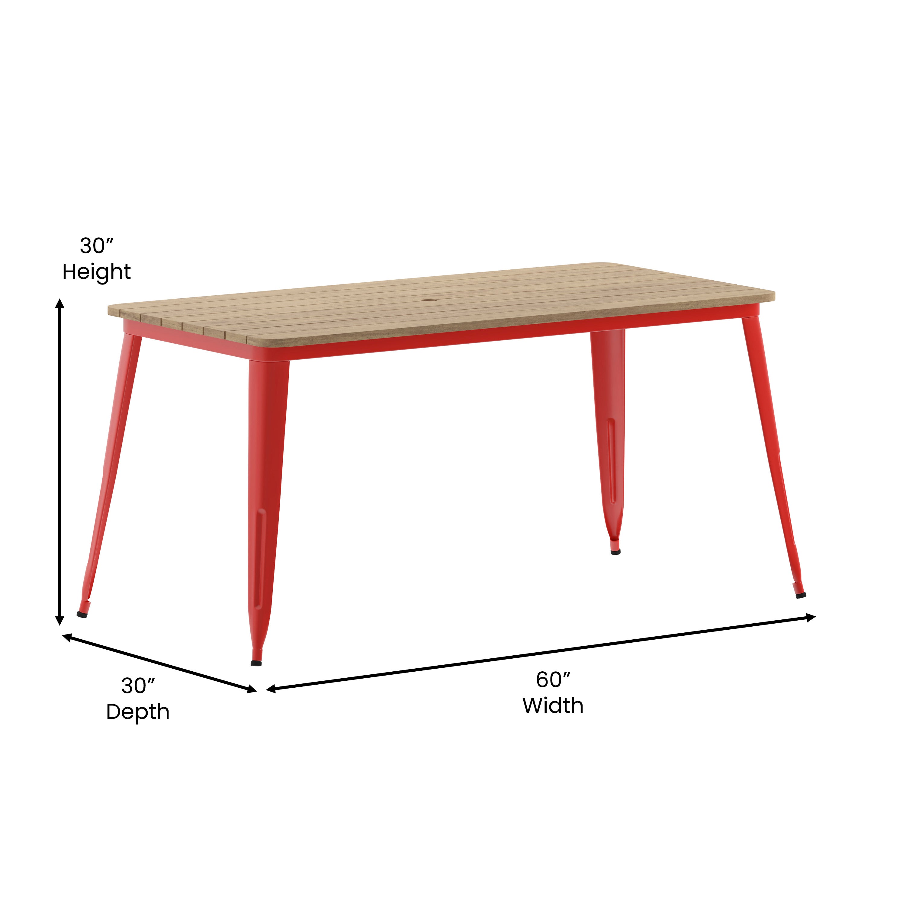 Declan Commercial Indoor/Outdoor Dining Table with Umbrella Hole, 30" x 60" All Weather Brown Poly Resin Top and Red Steel Base