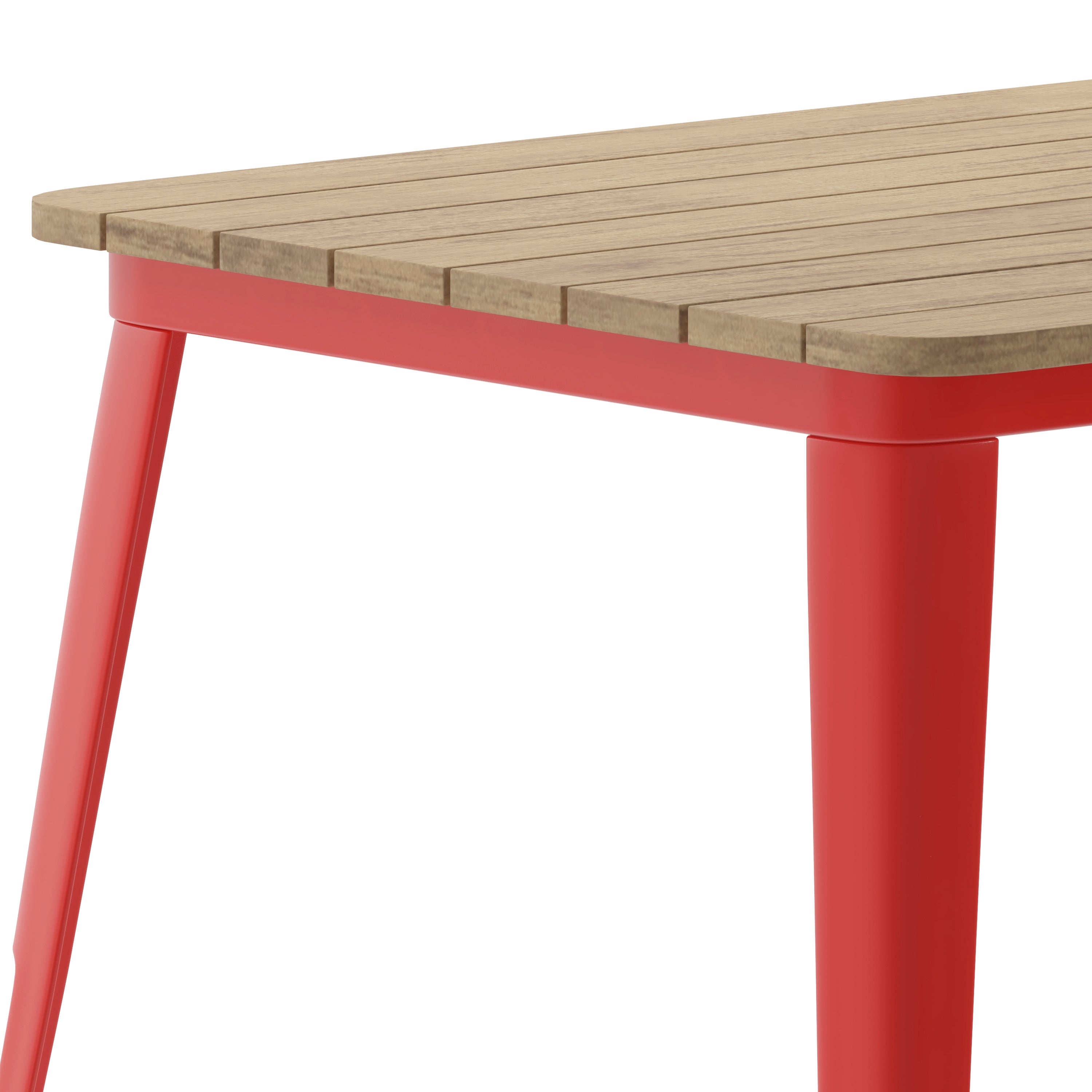Declan Commercial Indoor/Outdoor Dining Table with Umbrella Hole, 30" x 60" All Weather Brown Poly Resin Top and Red Steel Base