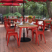 Declan Commercial Indoor/Outdoor Dining Table with Umbrella Hole, 30" x 60" All Weather Brown Poly Resin Top and Red Steel Base