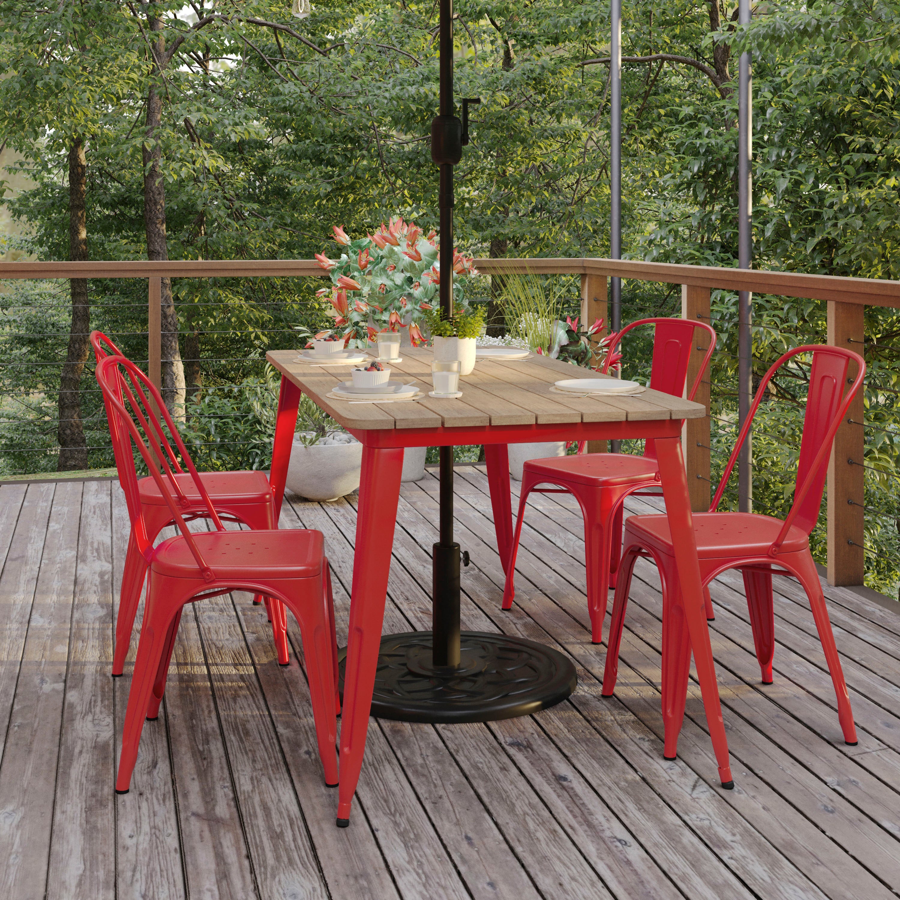 Declan Commercial Indoor/Outdoor Dining Table with Umbrella Hole, 30" x 60" All Weather Brown Poly Resin Top and Red Steel Base