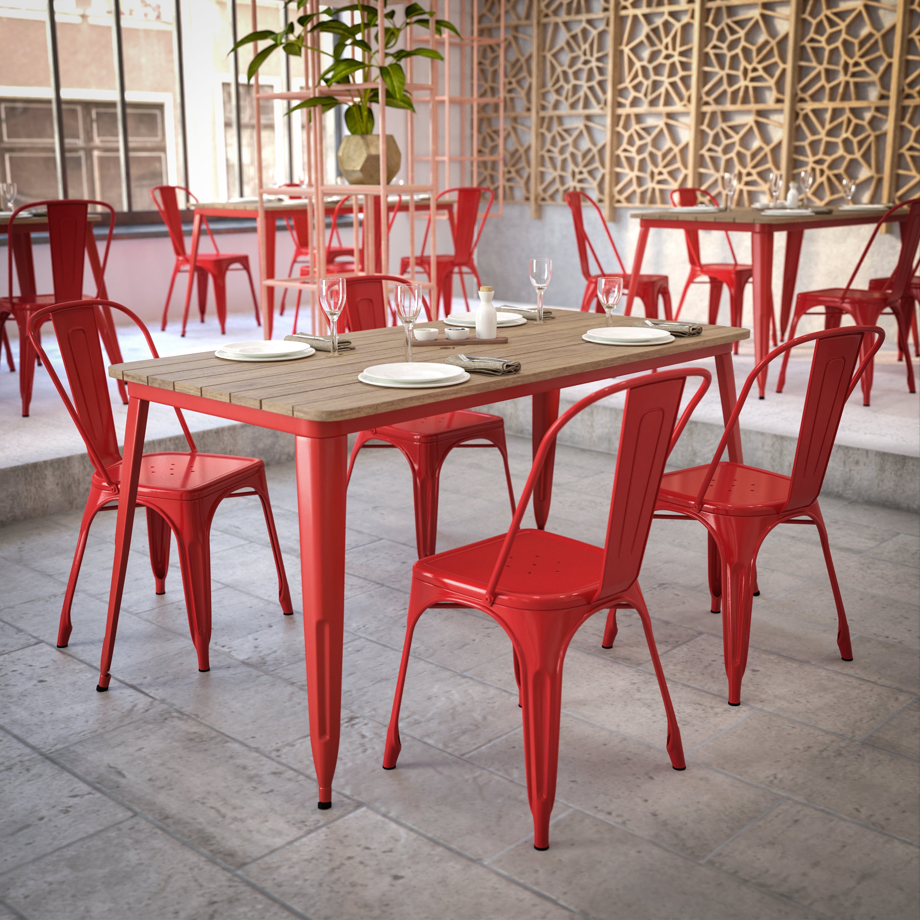 Declan Commercial Indoor/Outdoor Dining Table with Umbrella Hole, 30" x 60" All Weather Brown Poly Resin Top and Red Steel Base