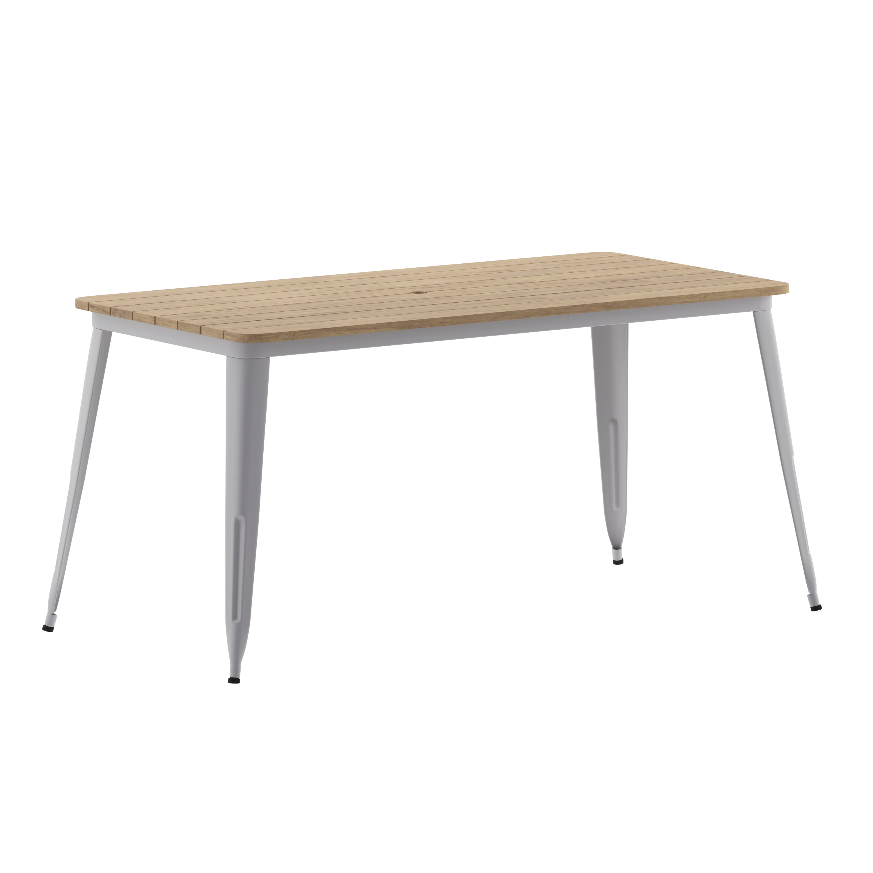 Declan Commercial Indoor/Outdoor Dining Table with Umbrella Hole, 30" x 60" All Weather Brown Poly Resin Top and Silver Steel Base