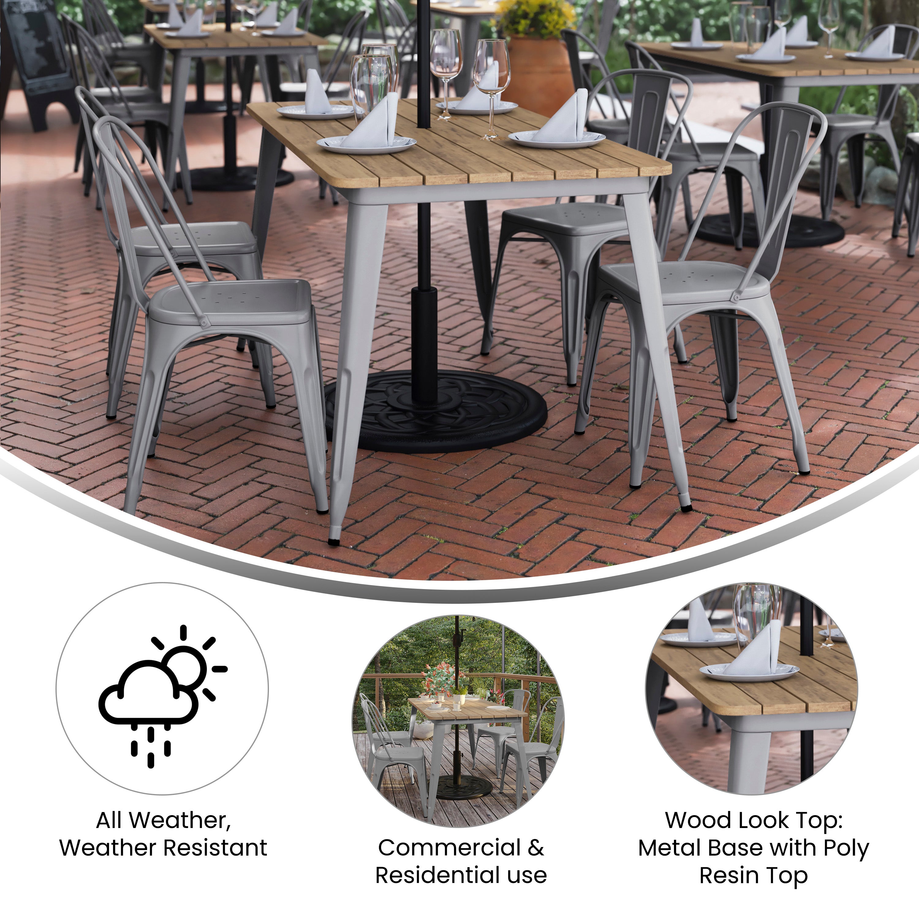 Declan Commercial Indoor/Outdoor Dining Table with Umbrella Hole, 30" x 60" All Weather Brown Poly Resin Top and Silver Steel Base