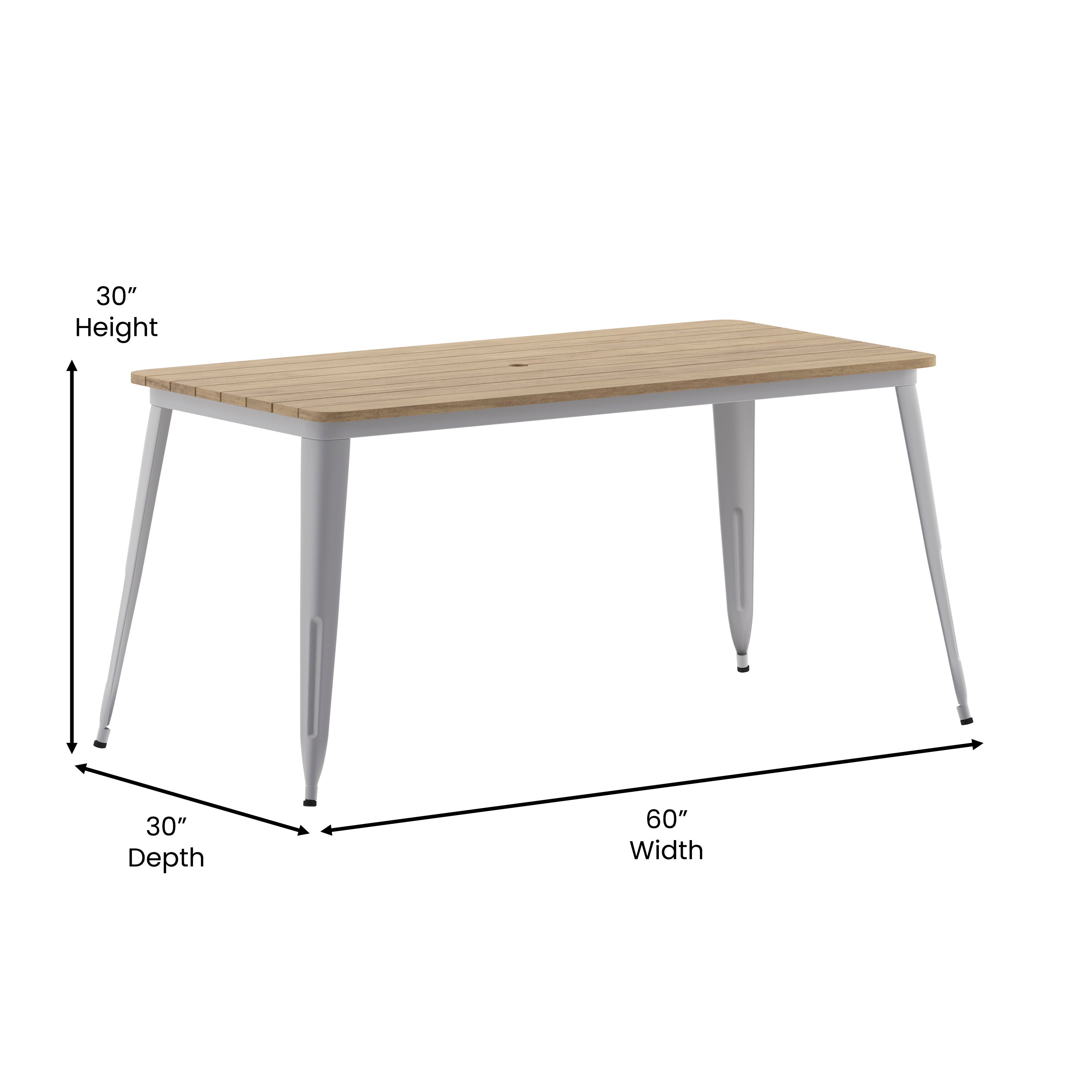 Declan Commercial Indoor/Outdoor Dining Table with Umbrella Hole, 30" x 60" All Weather Brown Poly Resin Top and Silver Steel Base