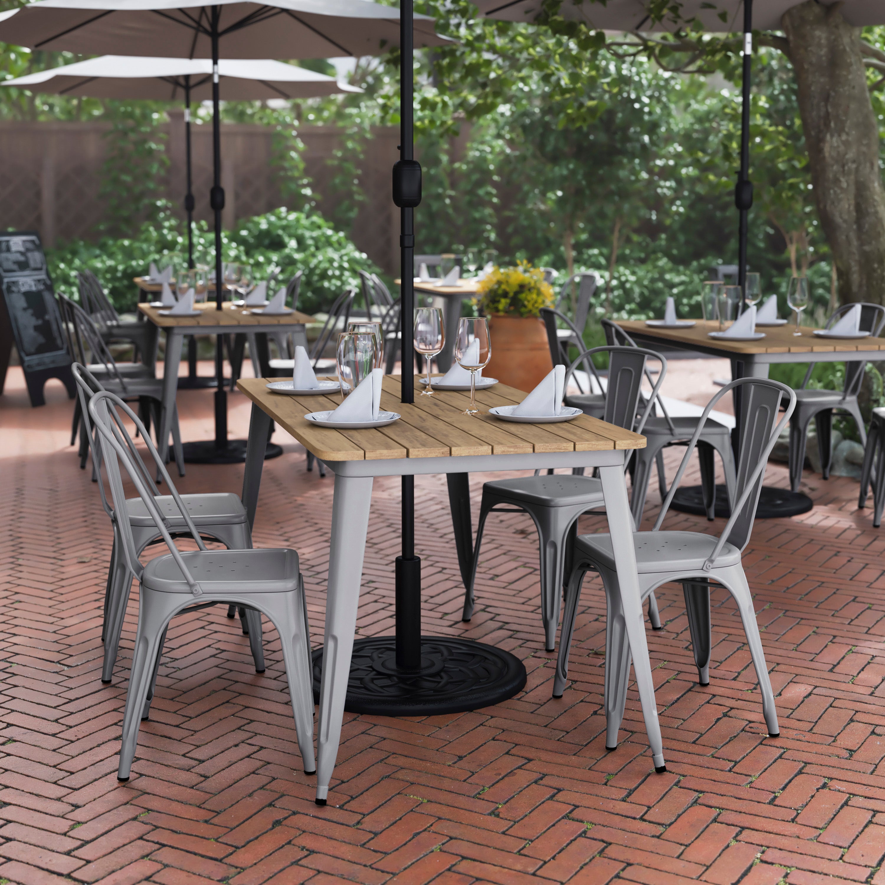 Declan Commercial Indoor/Outdoor Dining Table with Umbrella Hole, 30" x 60" All Weather Brown Poly Resin Top and Silver Steel Base