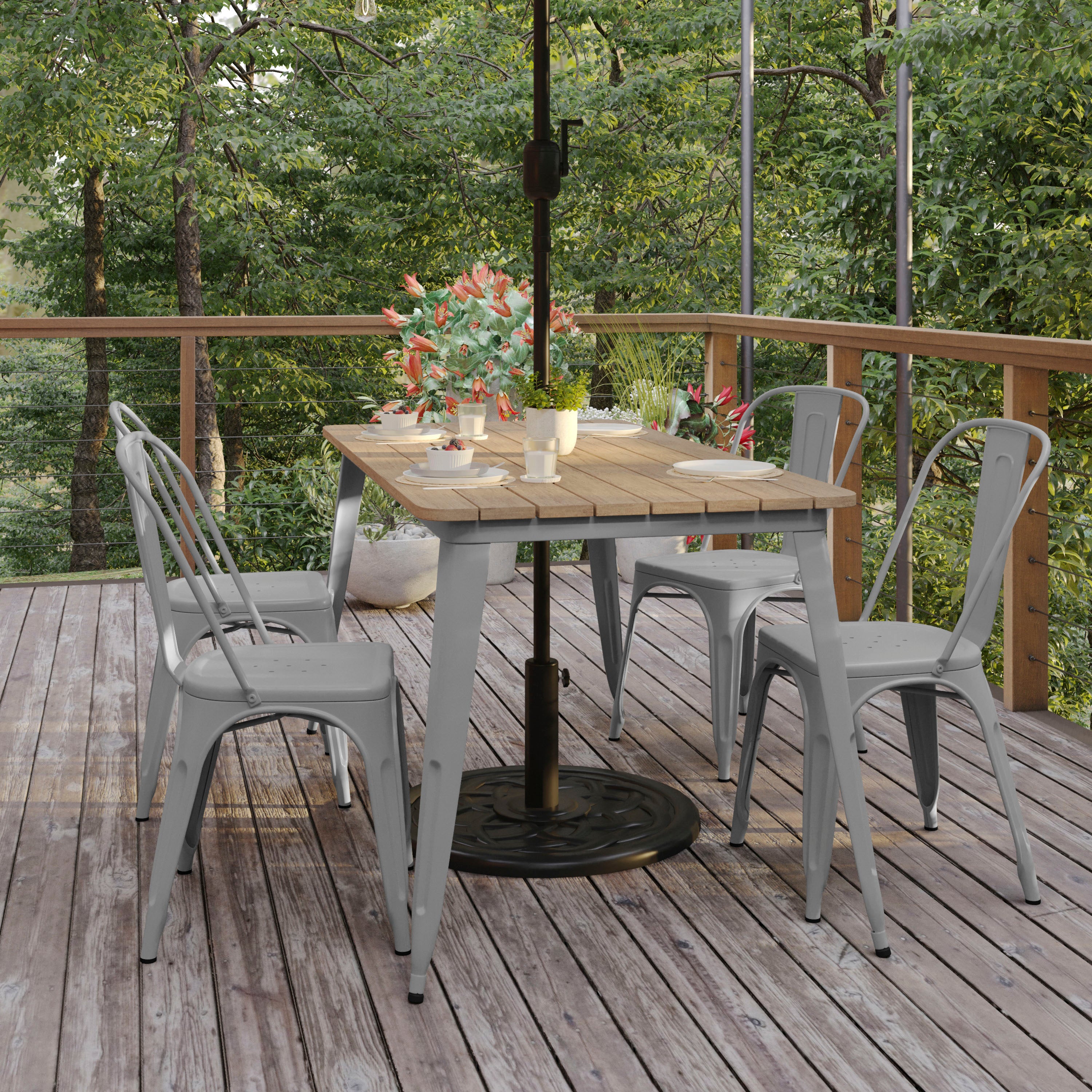 Declan Commercial Indoor/Outdoor Dining Table with Umbrella Hole, 30" x 60" All Weather Brown Poly Resin Top and Silver Steel Base
