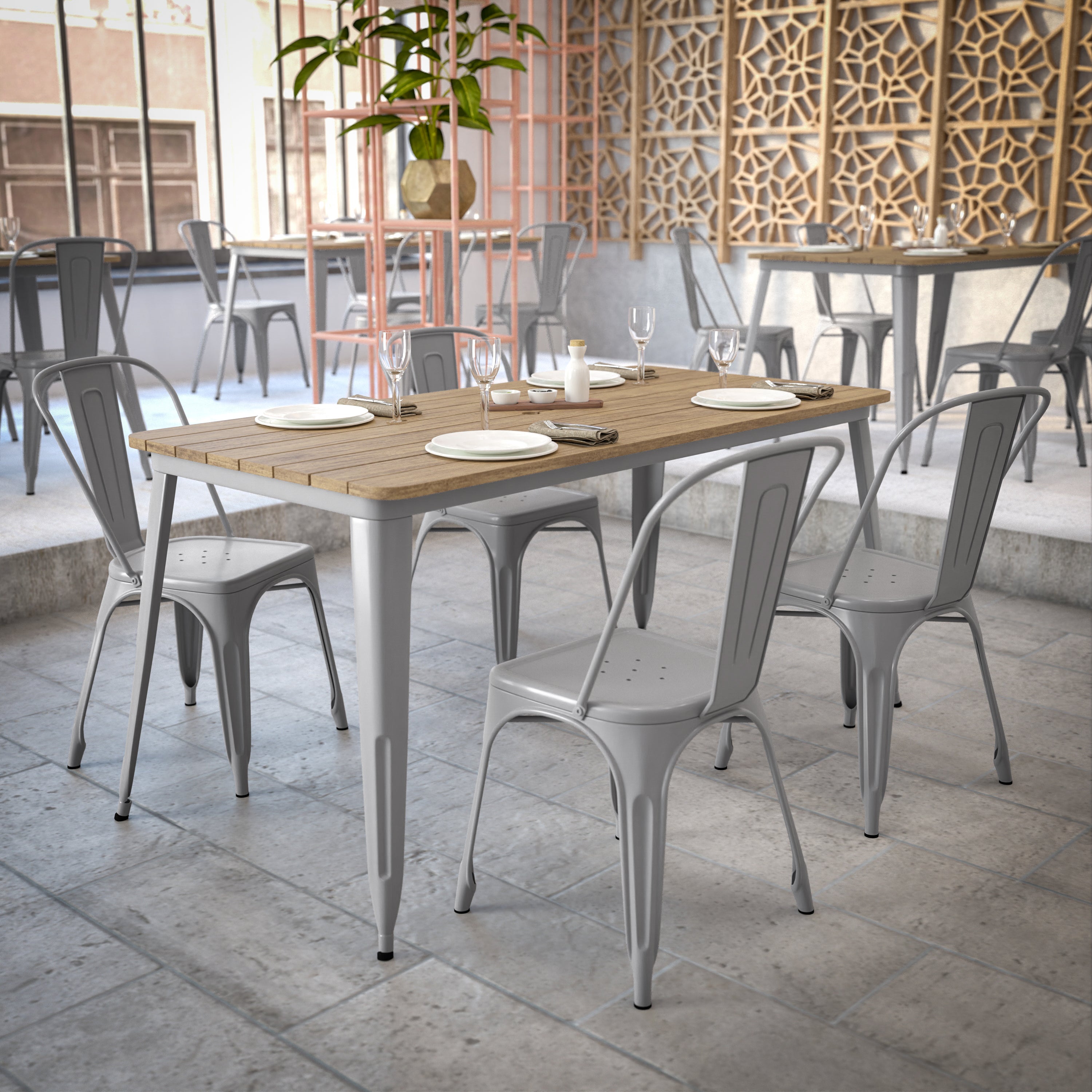 Declan Commercial Indoor/Outdoor Dining Table with Umbrella Hole, 30" x 60" All Weather Brown Poly Resin Top and Silver Steel Base