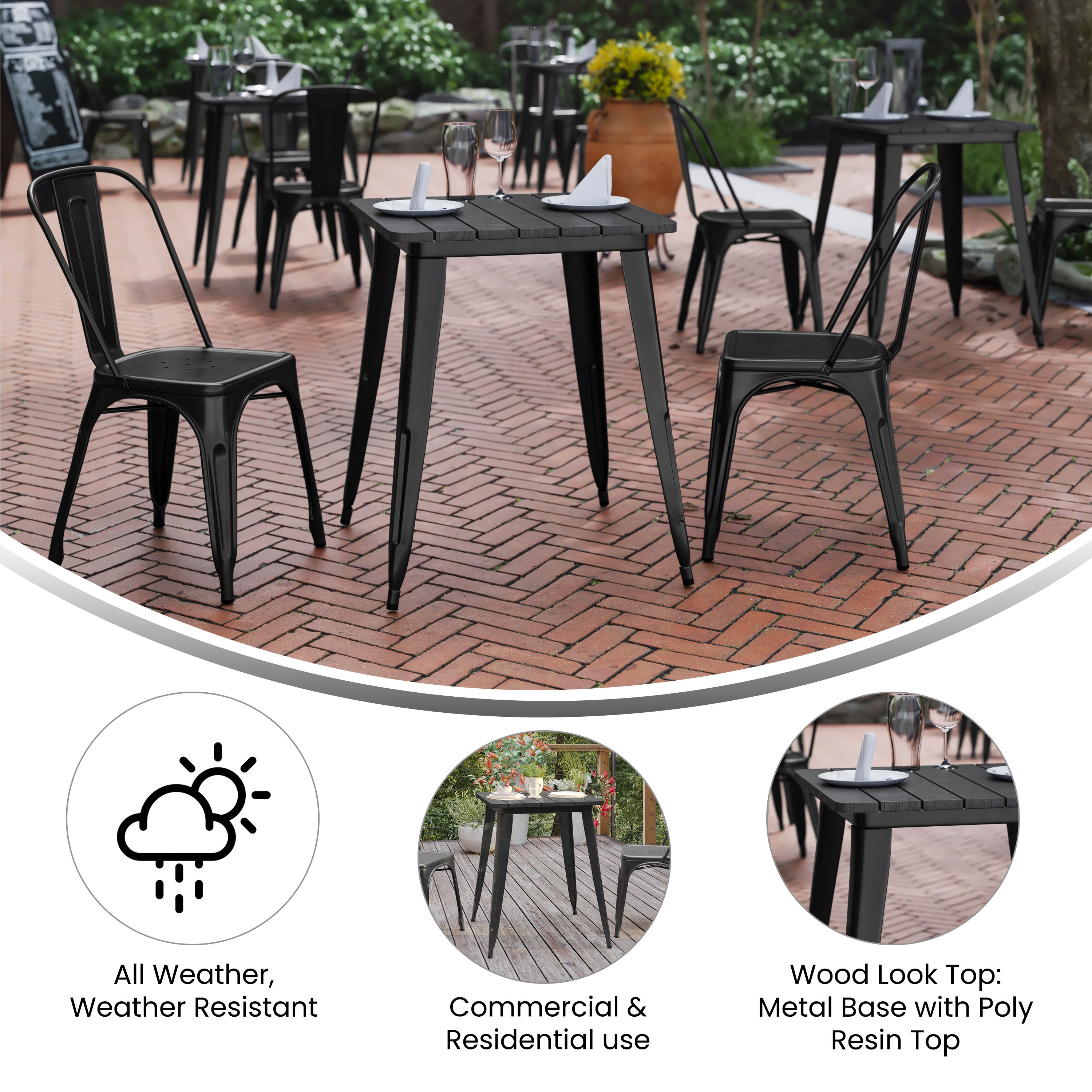 Declan Commercial Grade Indoor/Outdoor Dining Table, 23.75" Square All Weather Black Poly Resin Top with Black Steel Base