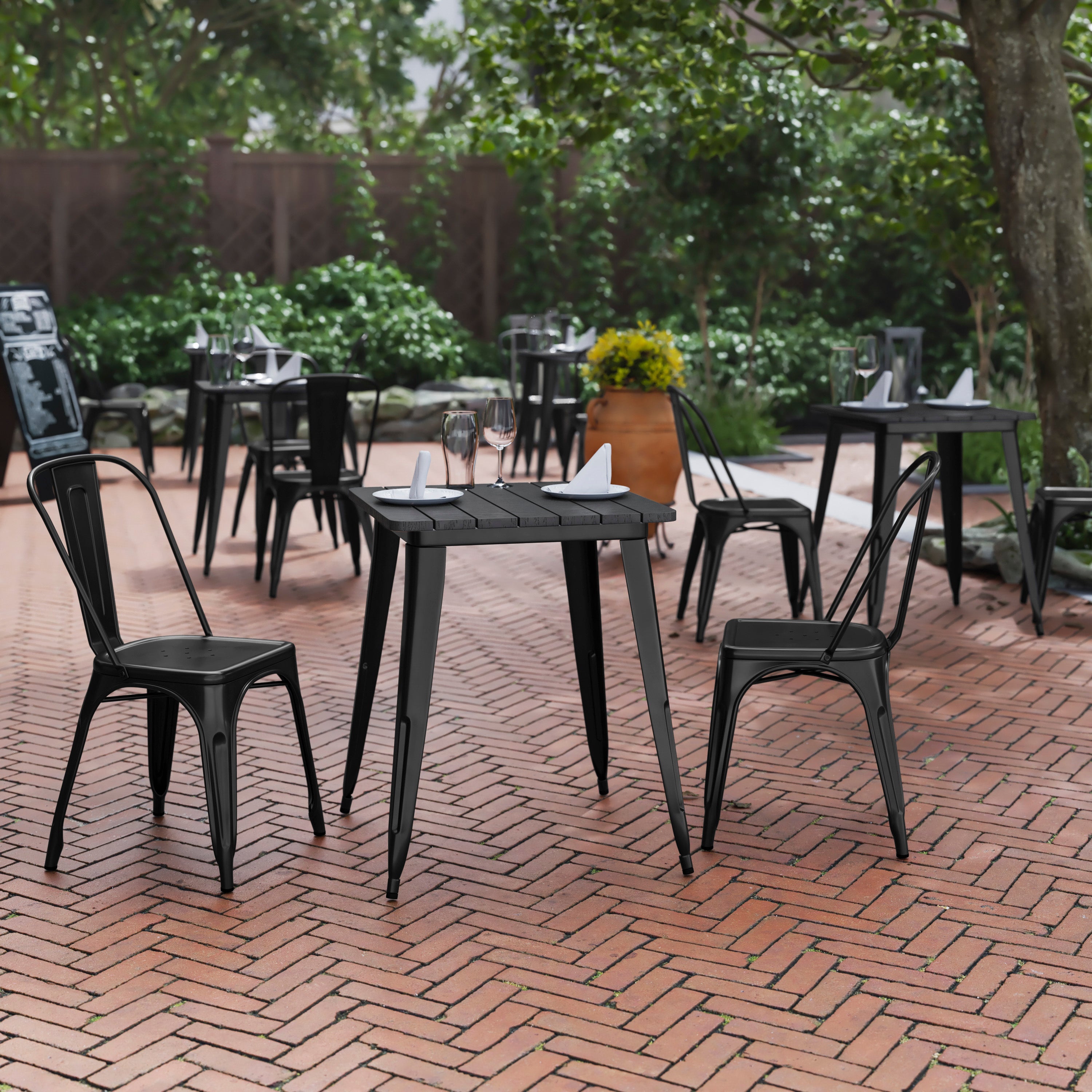 Declan Commercial Grade Indoor/Outdoor Dining Table, 23.75" Square All Weather Black Poly Resin Top with Black Steel Base