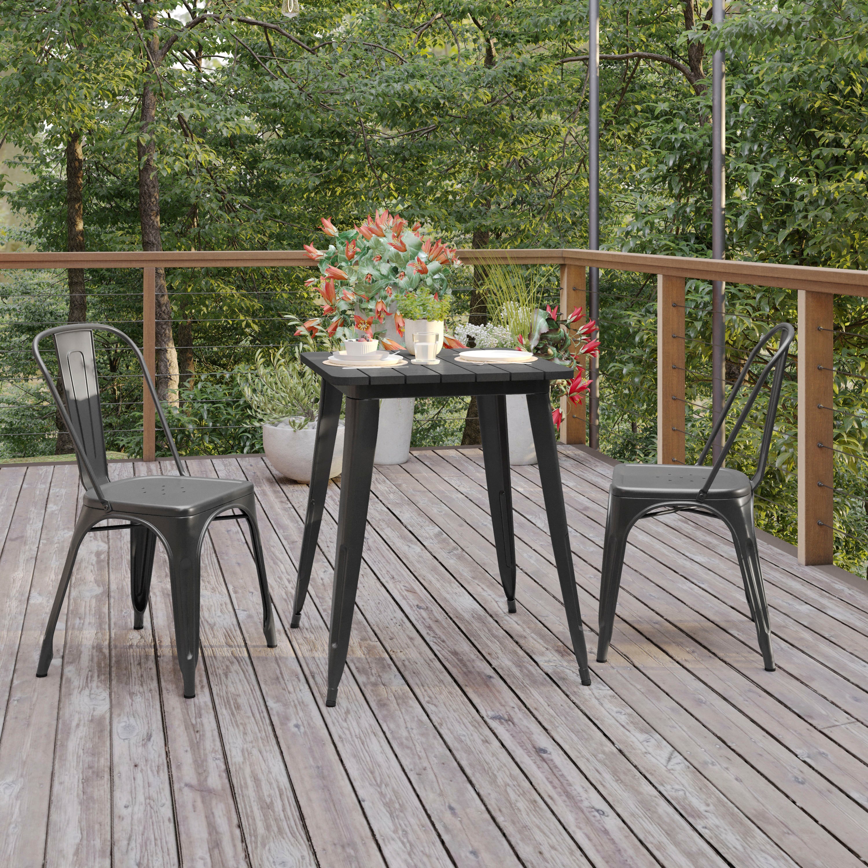 Declan Commercial Grade Indoor/Outdoor Dining Table, 23.75" Square All Weather Black Poly Resin Top with Black Steel Base