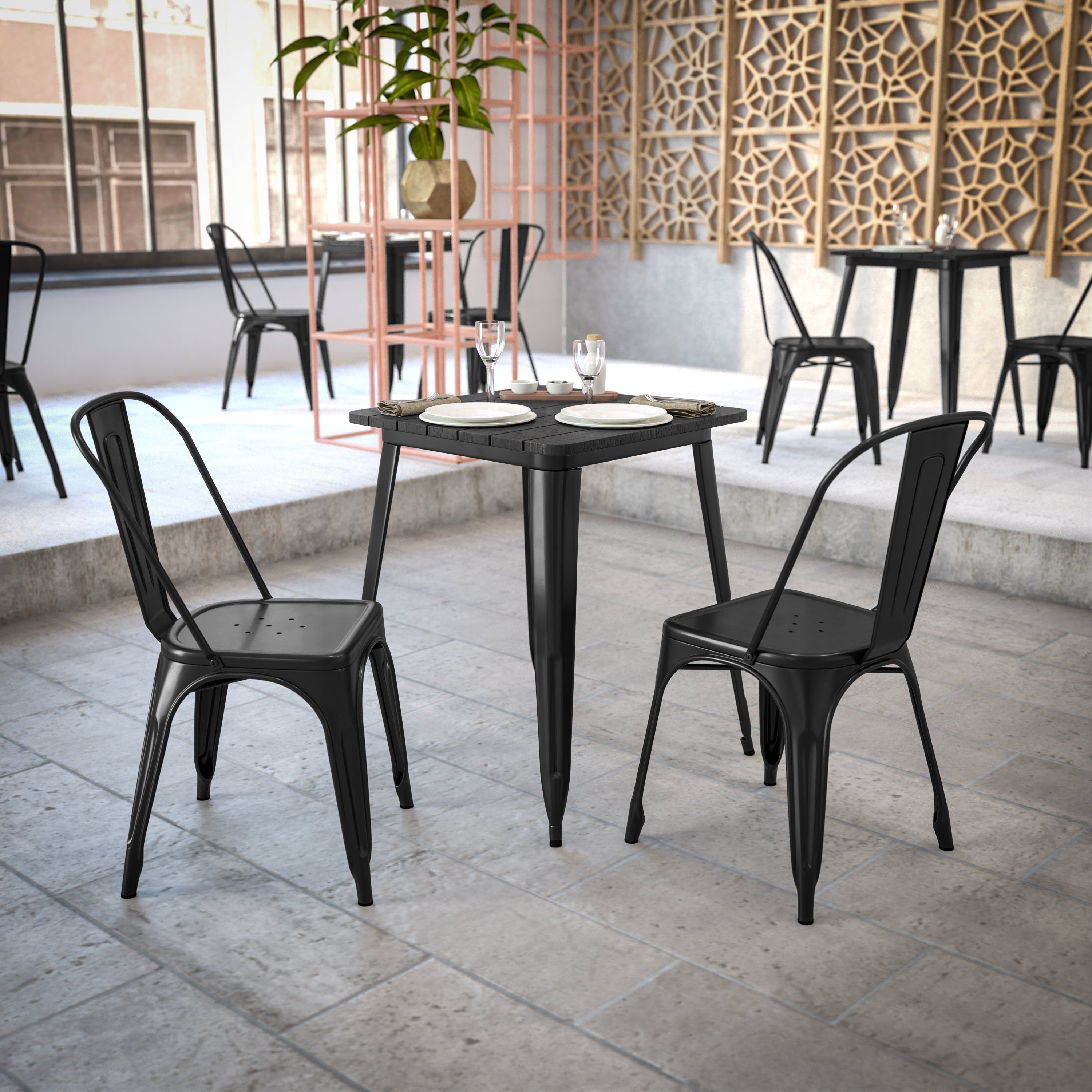 Declan Commercial Grade Indoor/Outdoor Dining Table, 23.75" Square All Weather Black Poly Resin Top with Black Steel Base