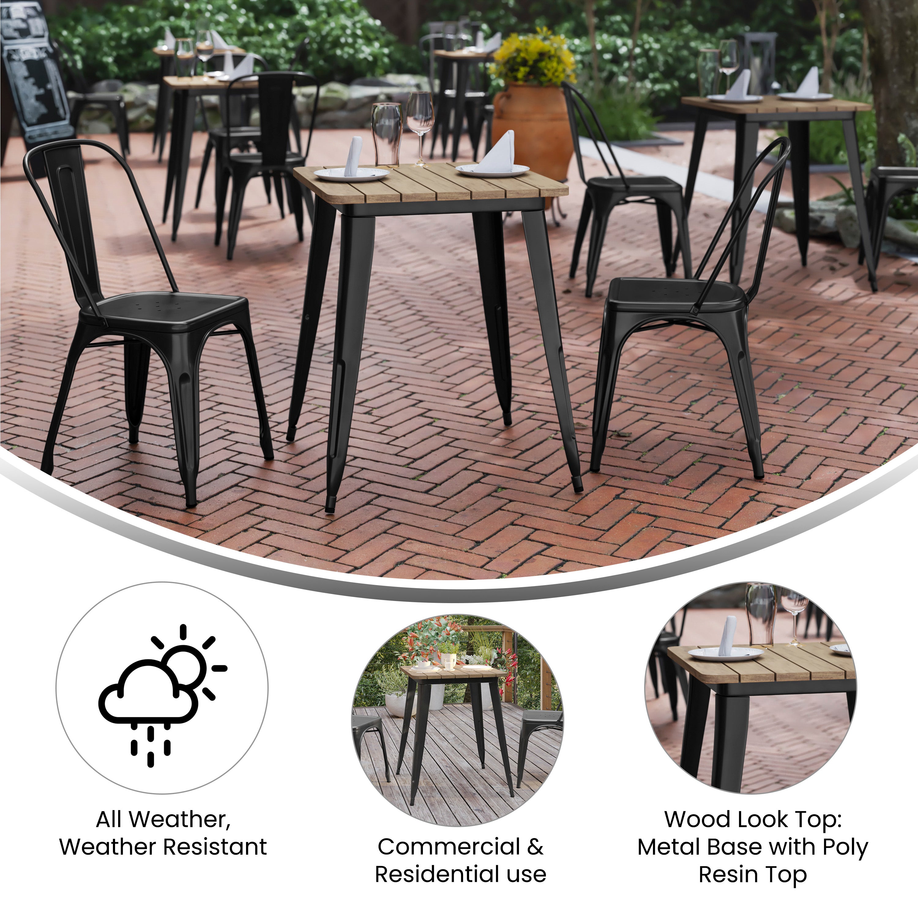 Declan Commercial Grade Indoor/Outdoor Dining Table, 23.75" Square All Weather Brown Poly Resin Top with Black Steel Base