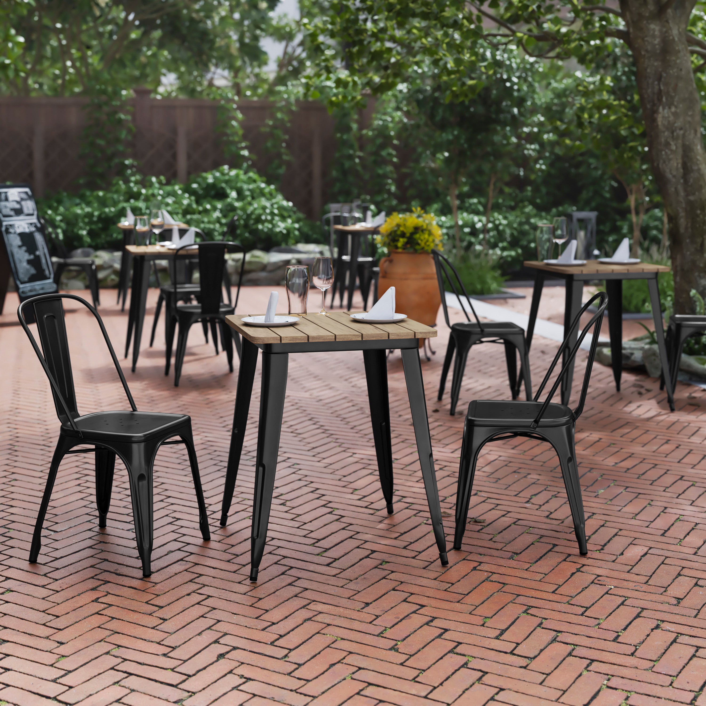 Declan Commercial Grade Indoor/Outdoor Dining Table, 23.75" Square All Weather Brown Poly Resin Top with Black Steel Base