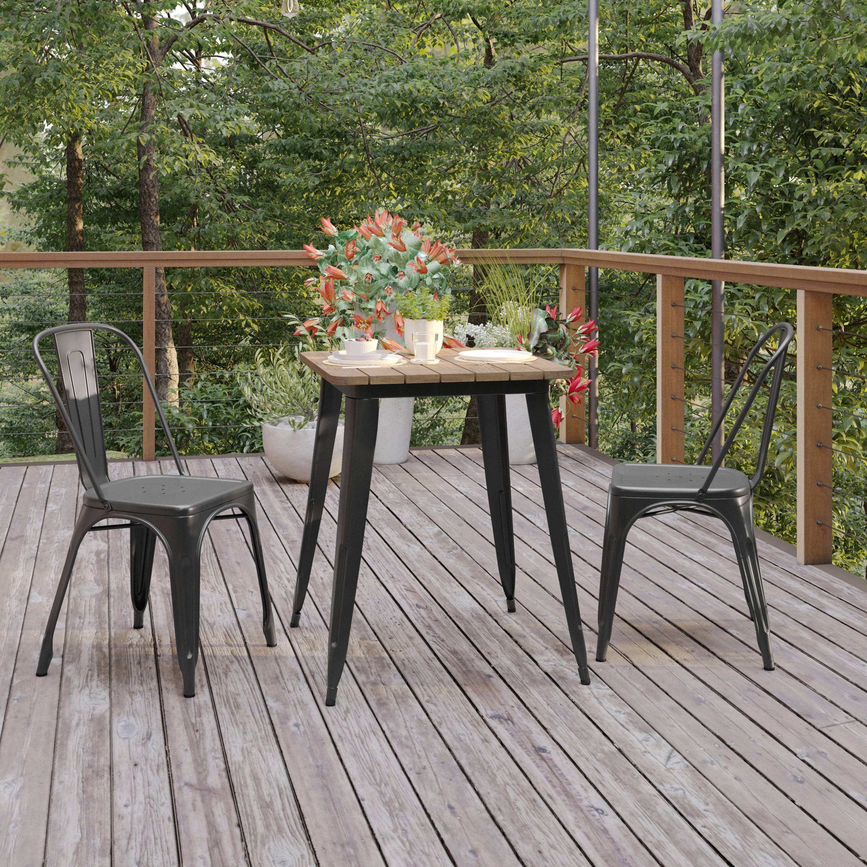 Declan Commercial Grade Indoor/Outdoor Dining Table, 23.75" Square All Weather Brown Poly Resin Top with Black Steel Base