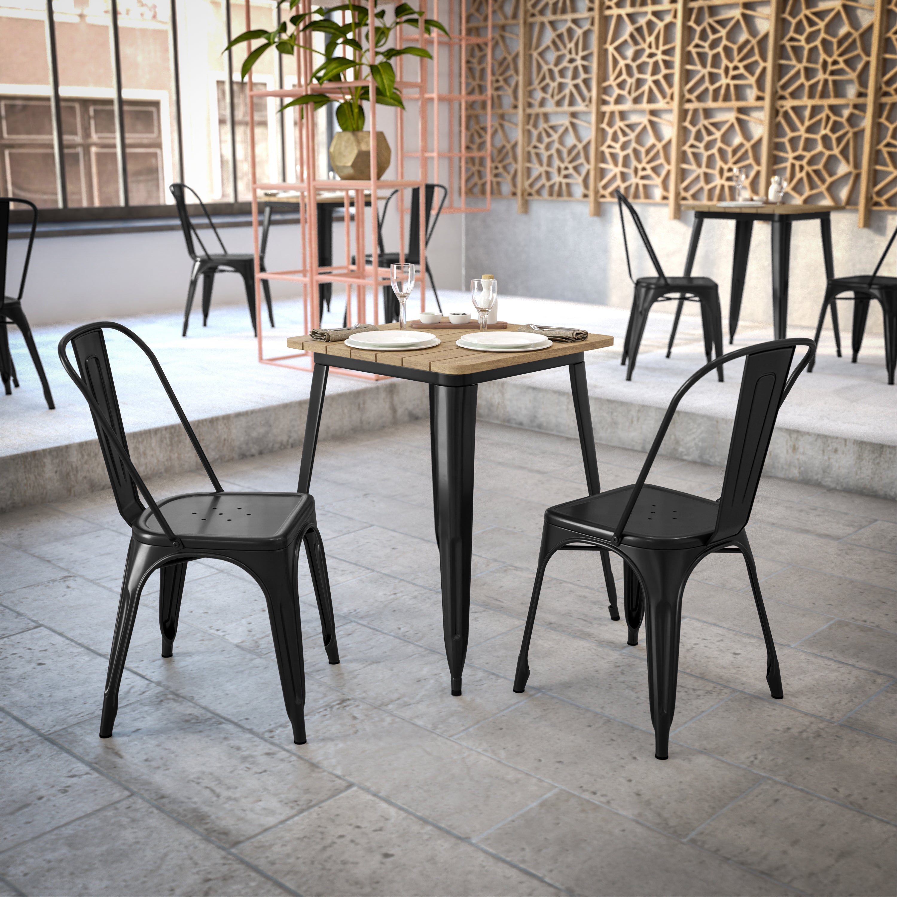 Declan Commercial Grade Indoor/Outdoor Dining Table, 23.75" Square All Weather Brown Poly Resin Top with Black Steel Base