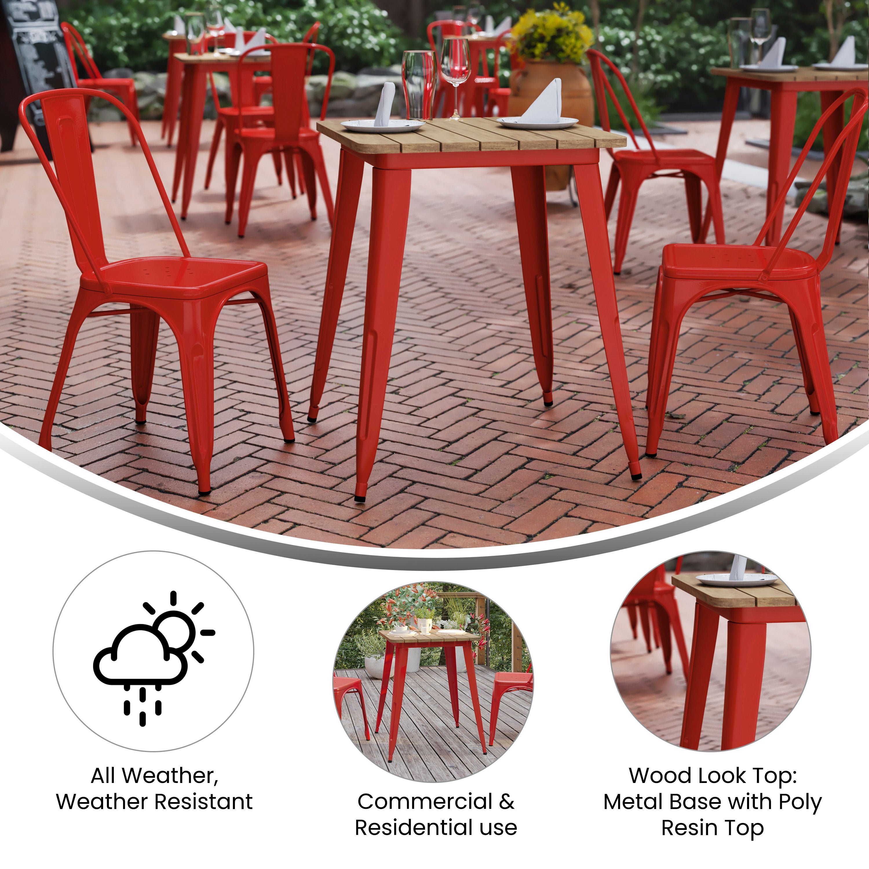 Declan Commercial Grade Indoor/Outdoor Dining Table, 23.75" Square All Weather Brown Poly Resin Top with Red Steel Base