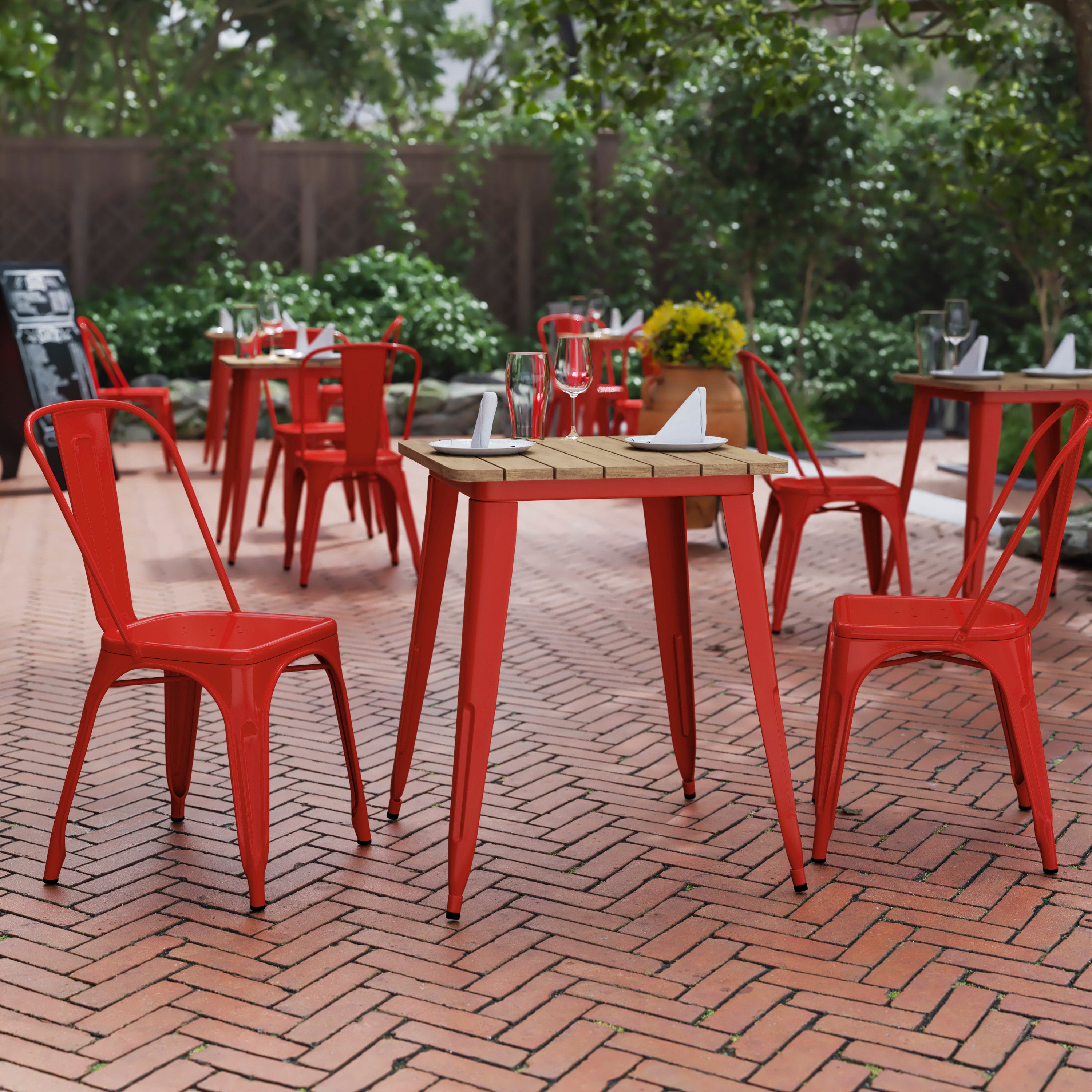 Declan Commercial Grade Indoor/Outdoor Dining Table, 23.75" Square All Weather Brown Poly Resin Top with Red Steel Base