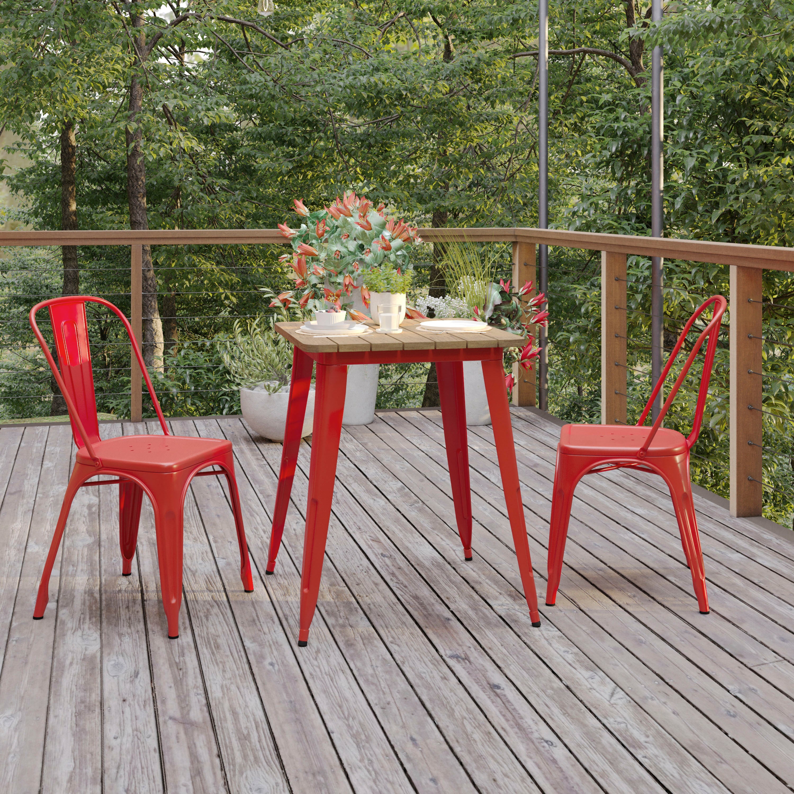 Declan Commercial Grade Indoor/Outdoor Dining Table, 23.75" Square All Weather Brown Poly Resin Top with Red Steel Base