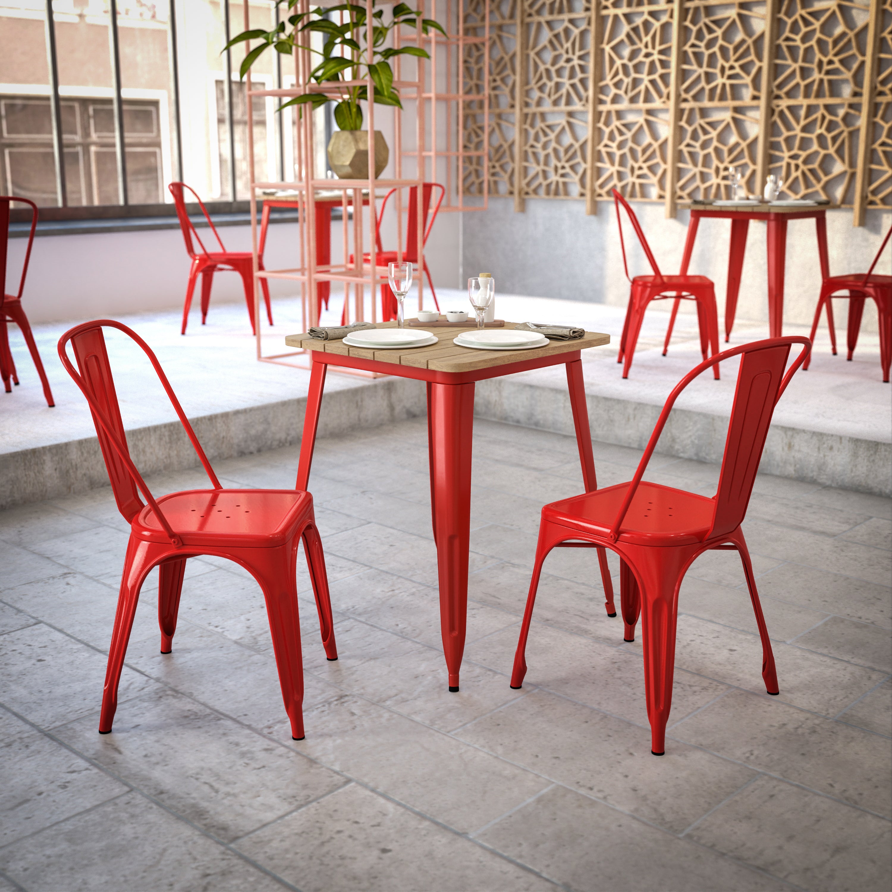 Declan Commercial Grade Indoor/Outdoor Dining Table, 23.75" Square All Weather Brown Poly Resin Top with Red Steel Base