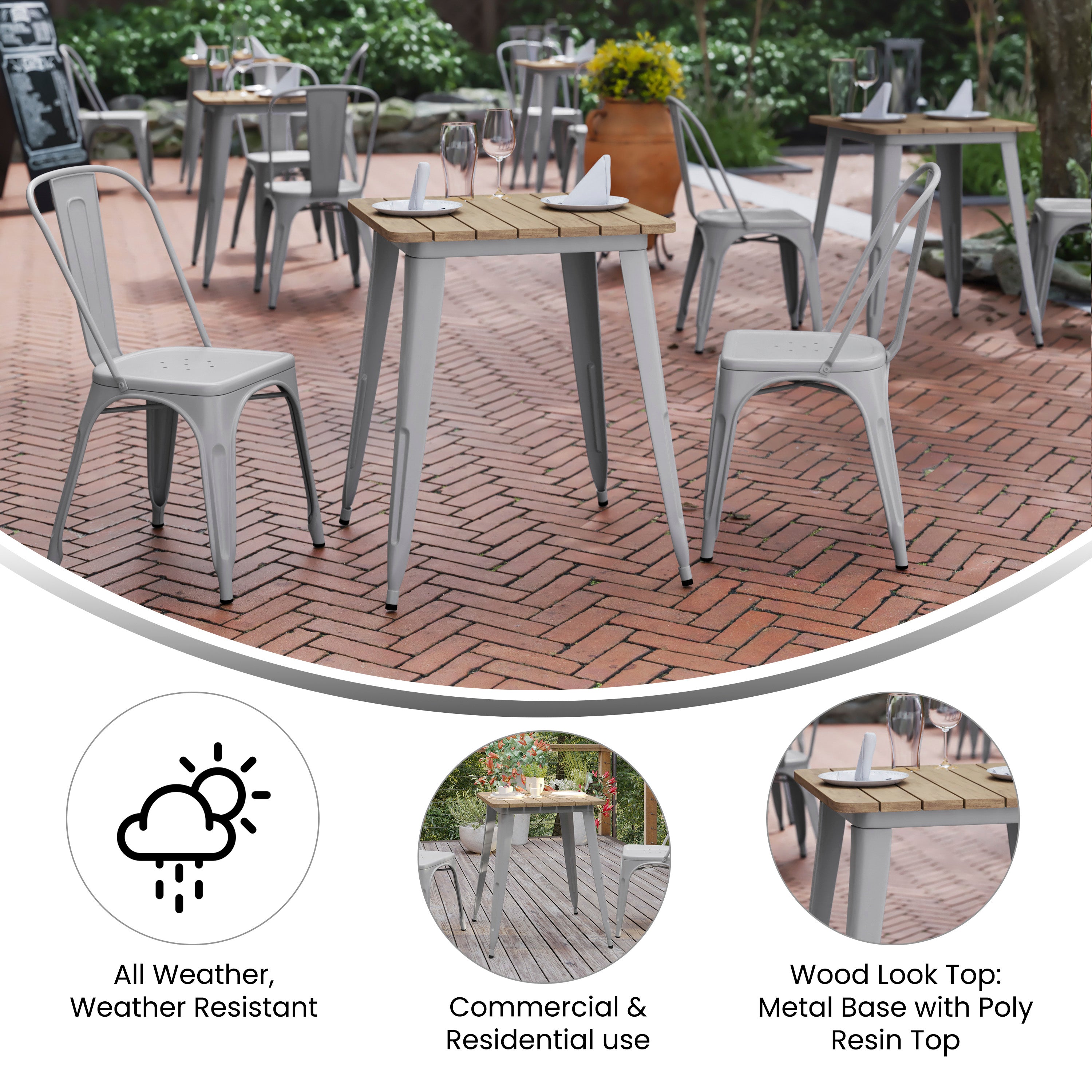 Declan Commercial Grade Indoor/Outdoor Dining Table, 23.75" Square All Weather Brown Poly Resin Top with Silver Steel Base