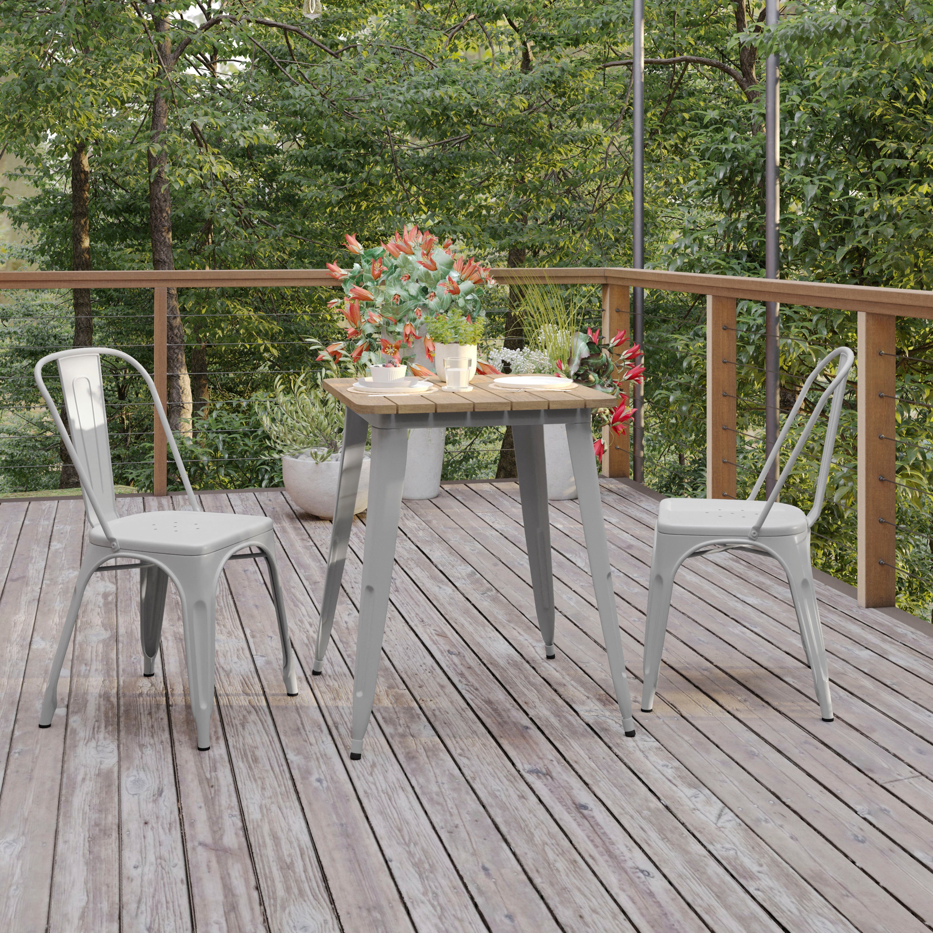 Declan Commercial Grade Indoor/Outdoor Dining Table, 23.75" Square All Weather Brown Poly Resin Top with Silver Steel Base