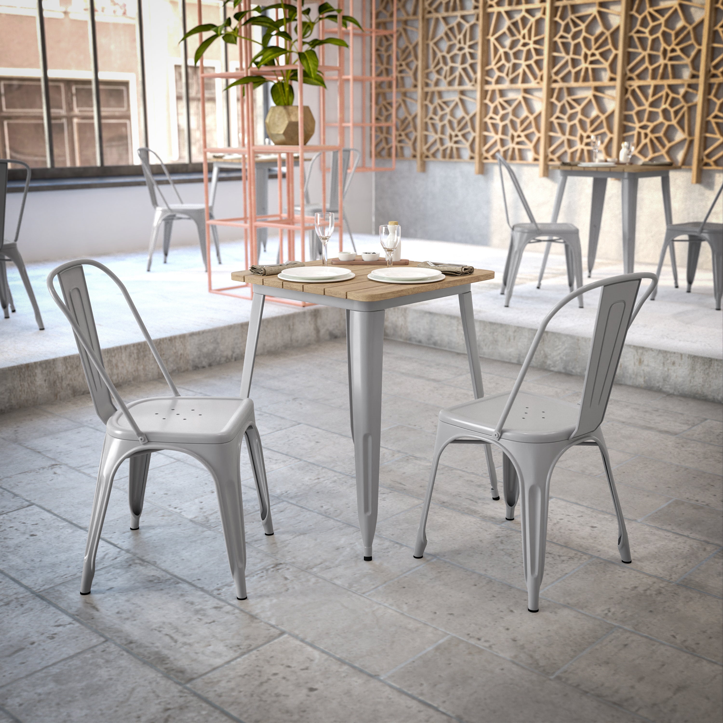 Declan Commercial Grade Indoor/Outdoor Dining Table, 23.75" Square All Weather Brown Poly Resin Top with Silver Steel Base
