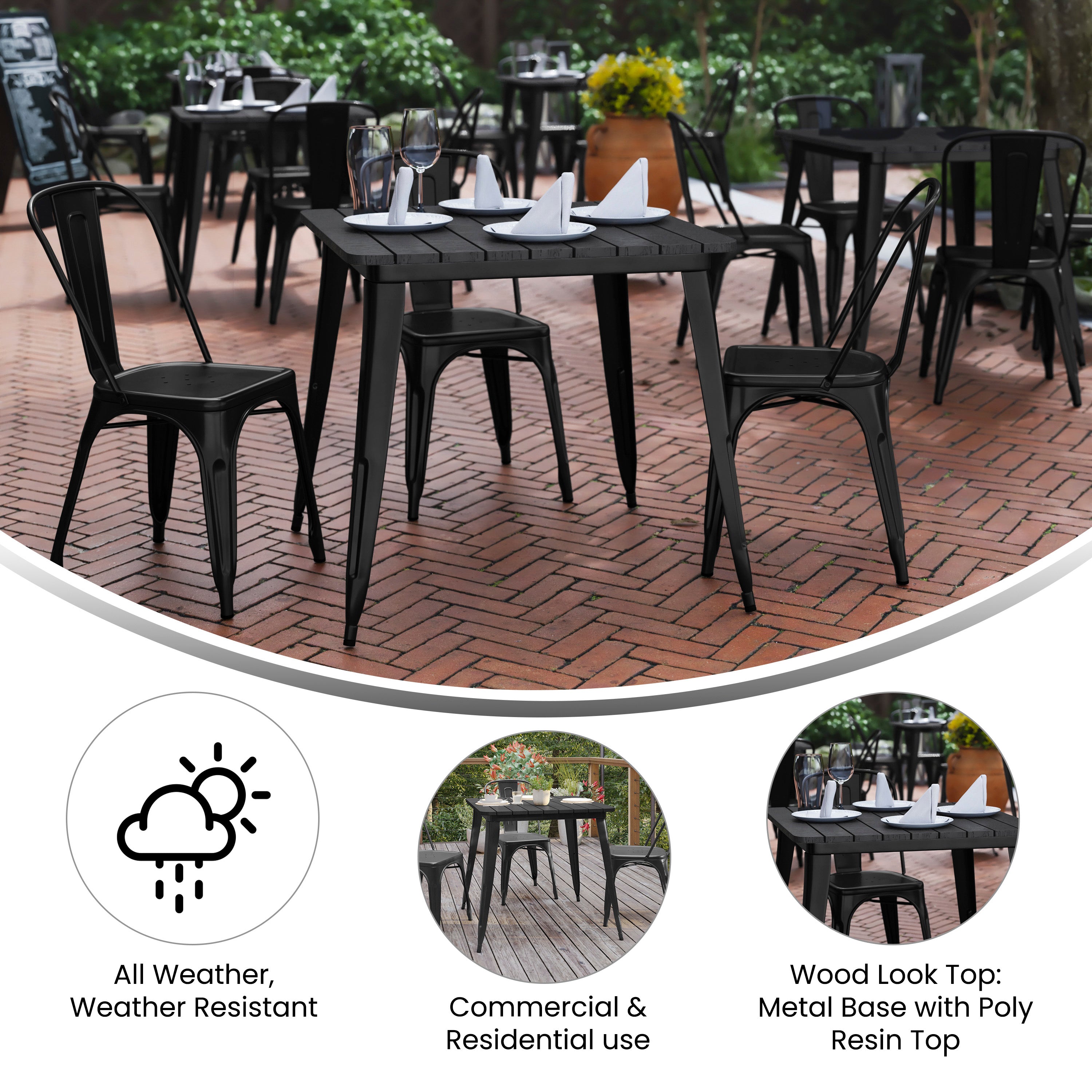 Declan Commercial Grade Indoor/Outdoor Dining Table, 31.5" Square All Weather Black Poly Resin Top with Black Steel Base