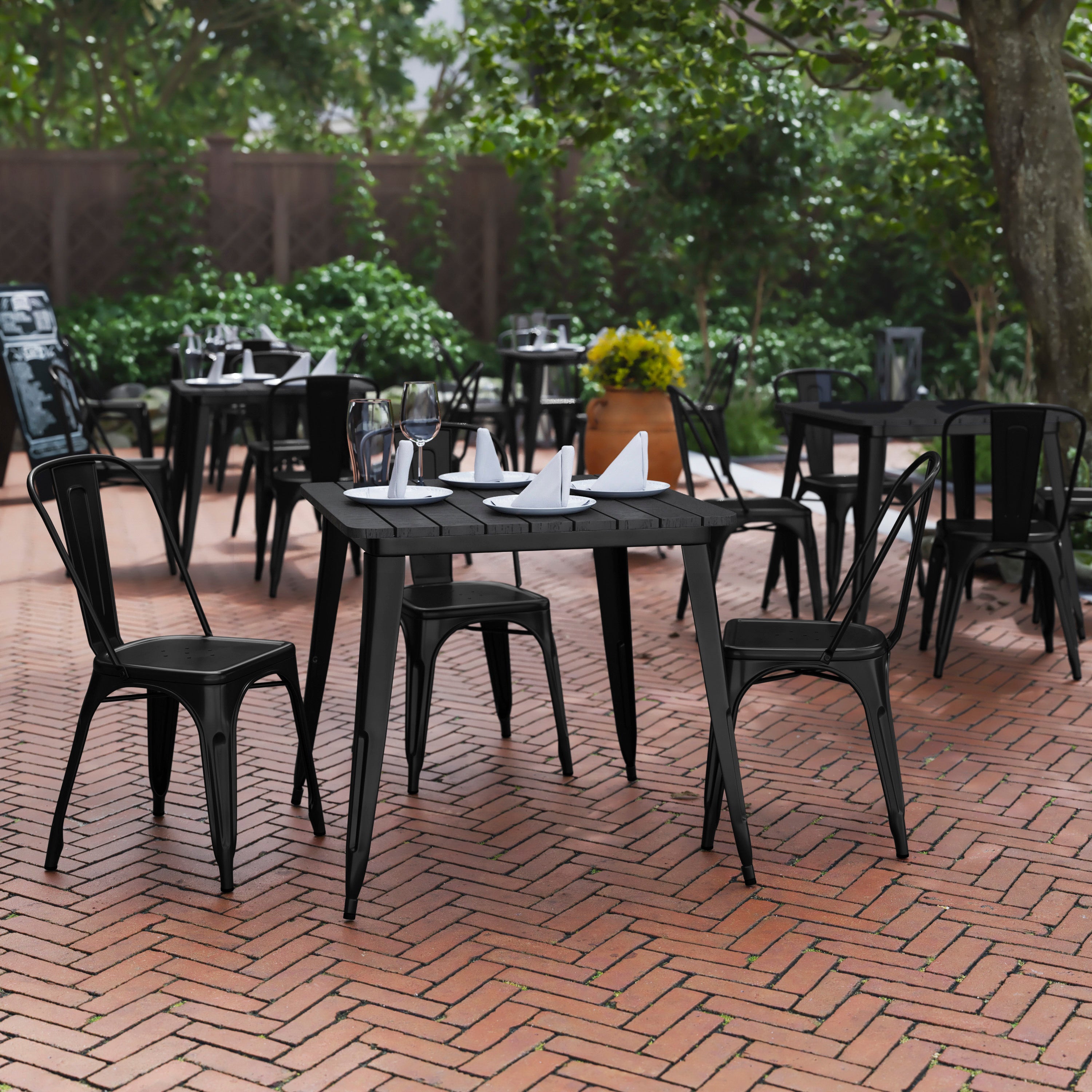 Declan Commercial Grade Indoor/Outdoor Dining Table, 31.5" Square All Weather Black Poly Resin Top with Black Steel Base