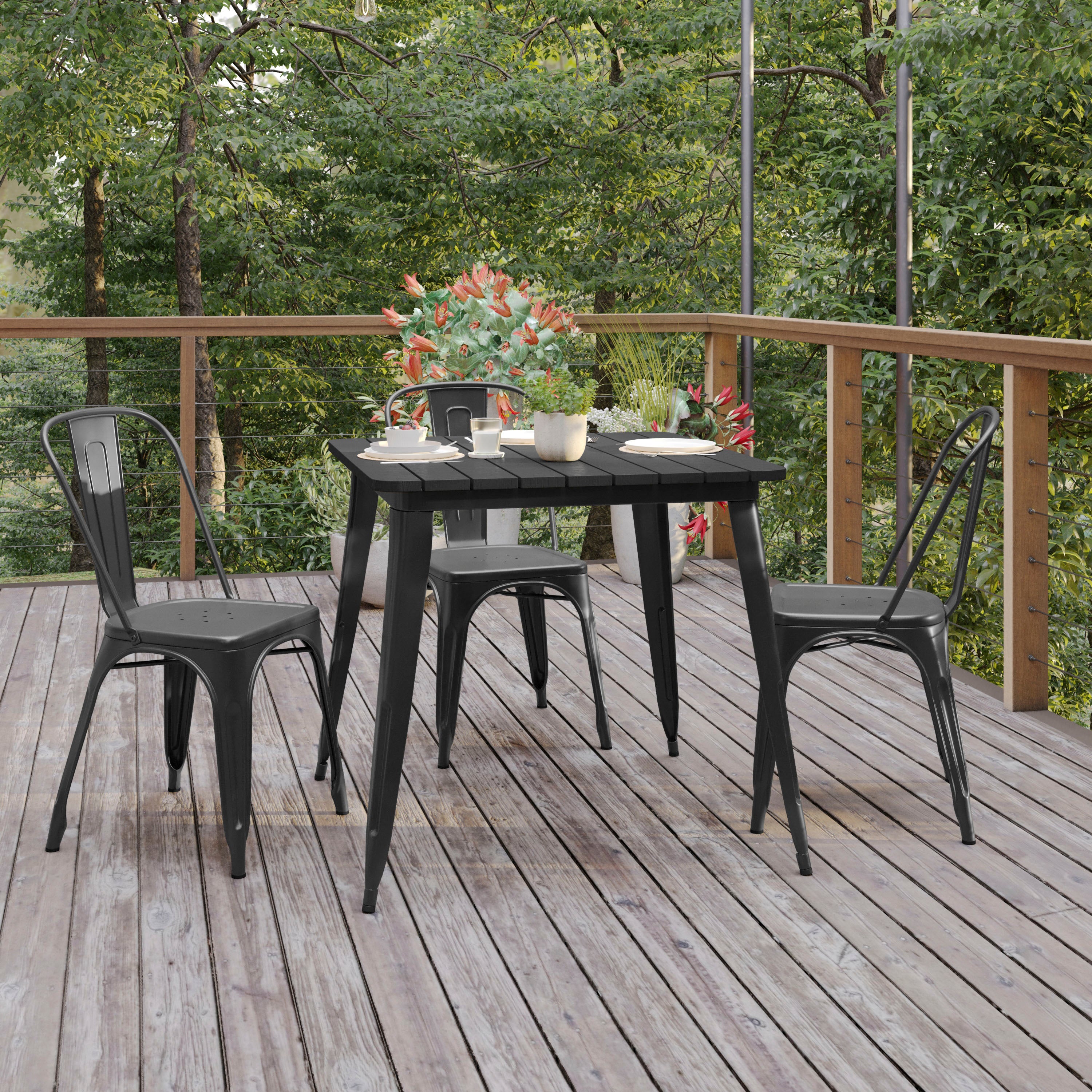 Declan Commercial Grade Indoor/Outdoor Dining Table, 31.5" Square All Weather Black Poly Resin Top with Black Steel Base