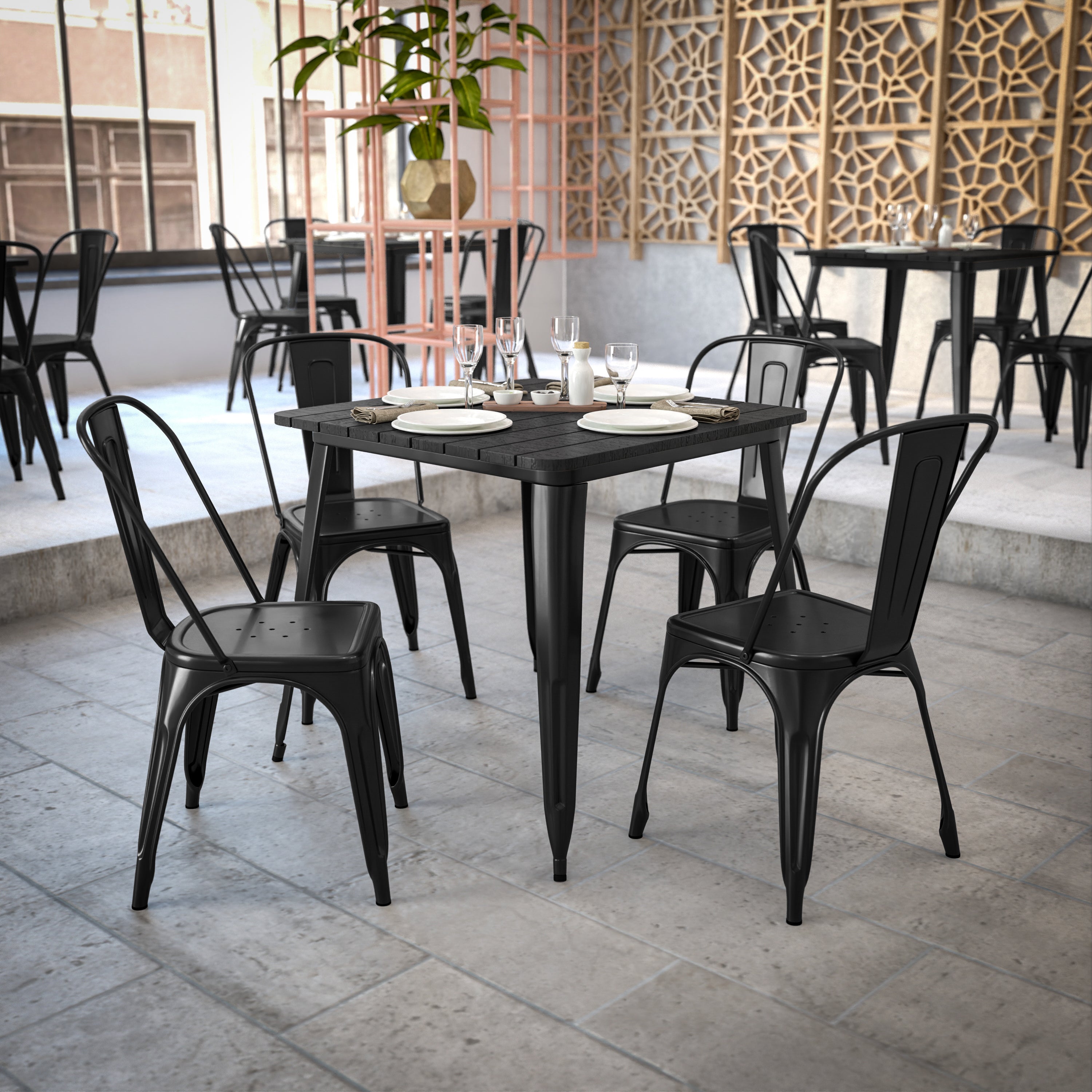 Declan Commercial Grade Indoor/Outdoor Dining Table, 31.5" Square All Weather Black Poly Resin Top with Black Steel Base