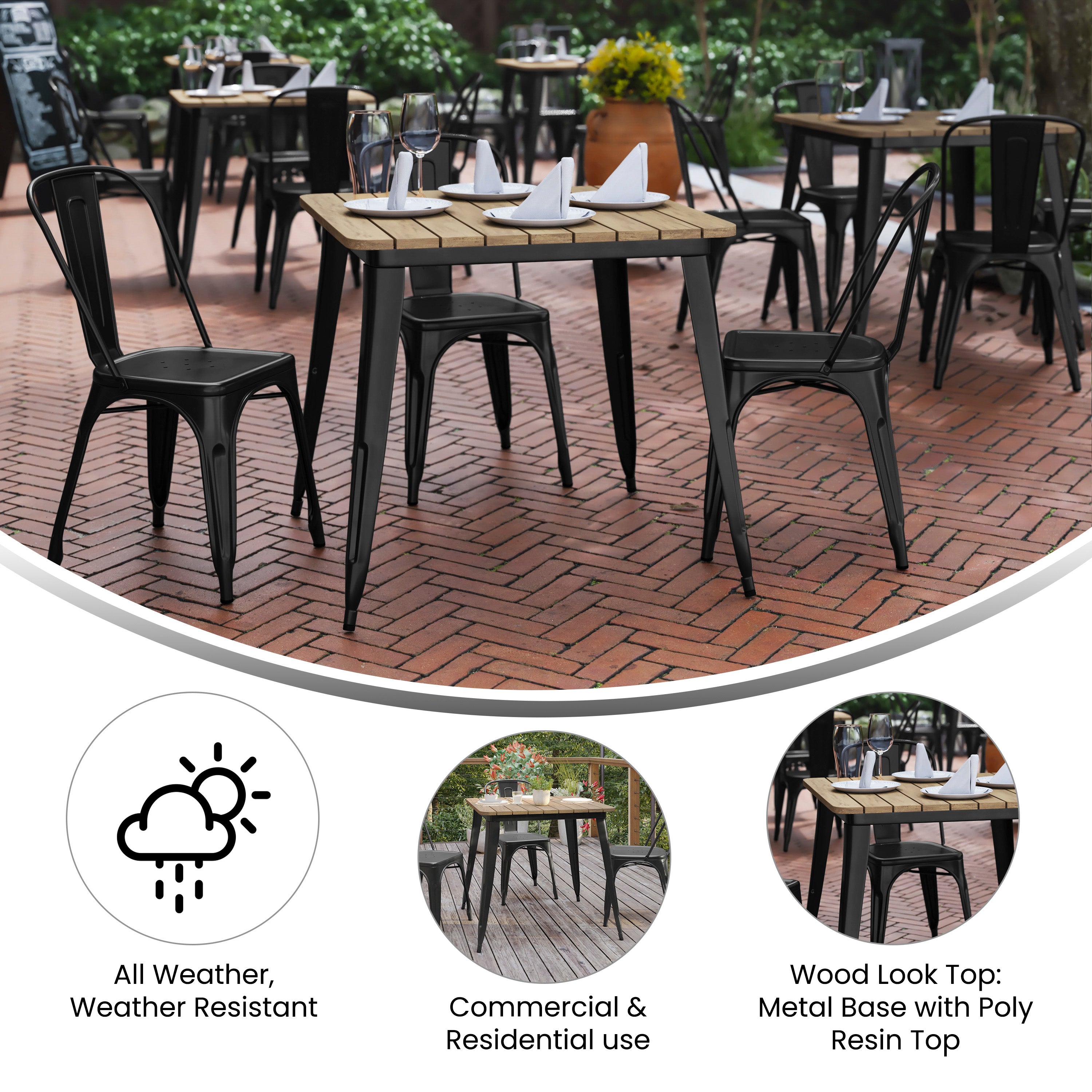 Declan Commercial Grade Indoor/Outdoor Dining Table, 31.5" Square All Weather Brown Poly Resin Top with Black Steel Base