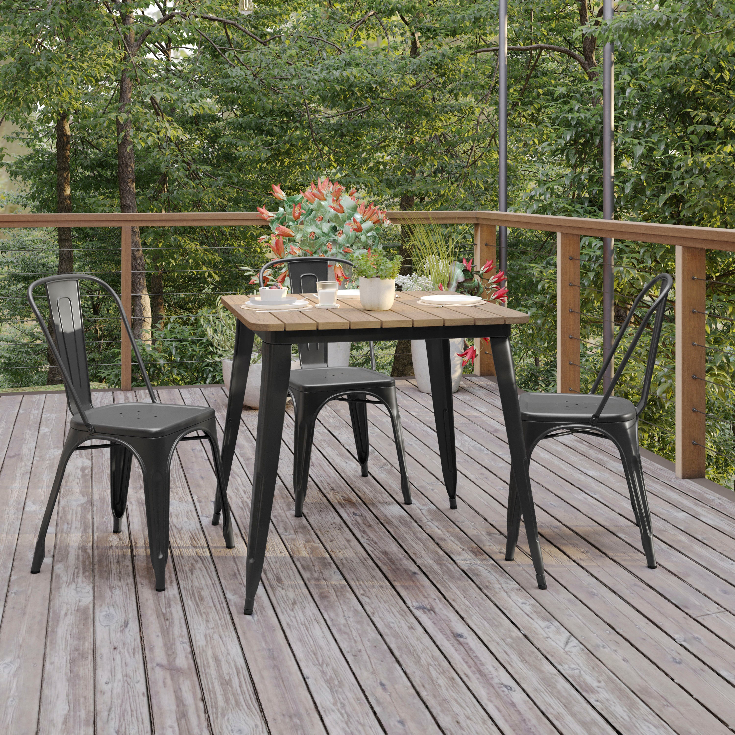 Declan Commercial Grade Indoor/Outdoor Dining Table, 31.5" Square All Weather Brown Poly Resin Top with Black Steel Base