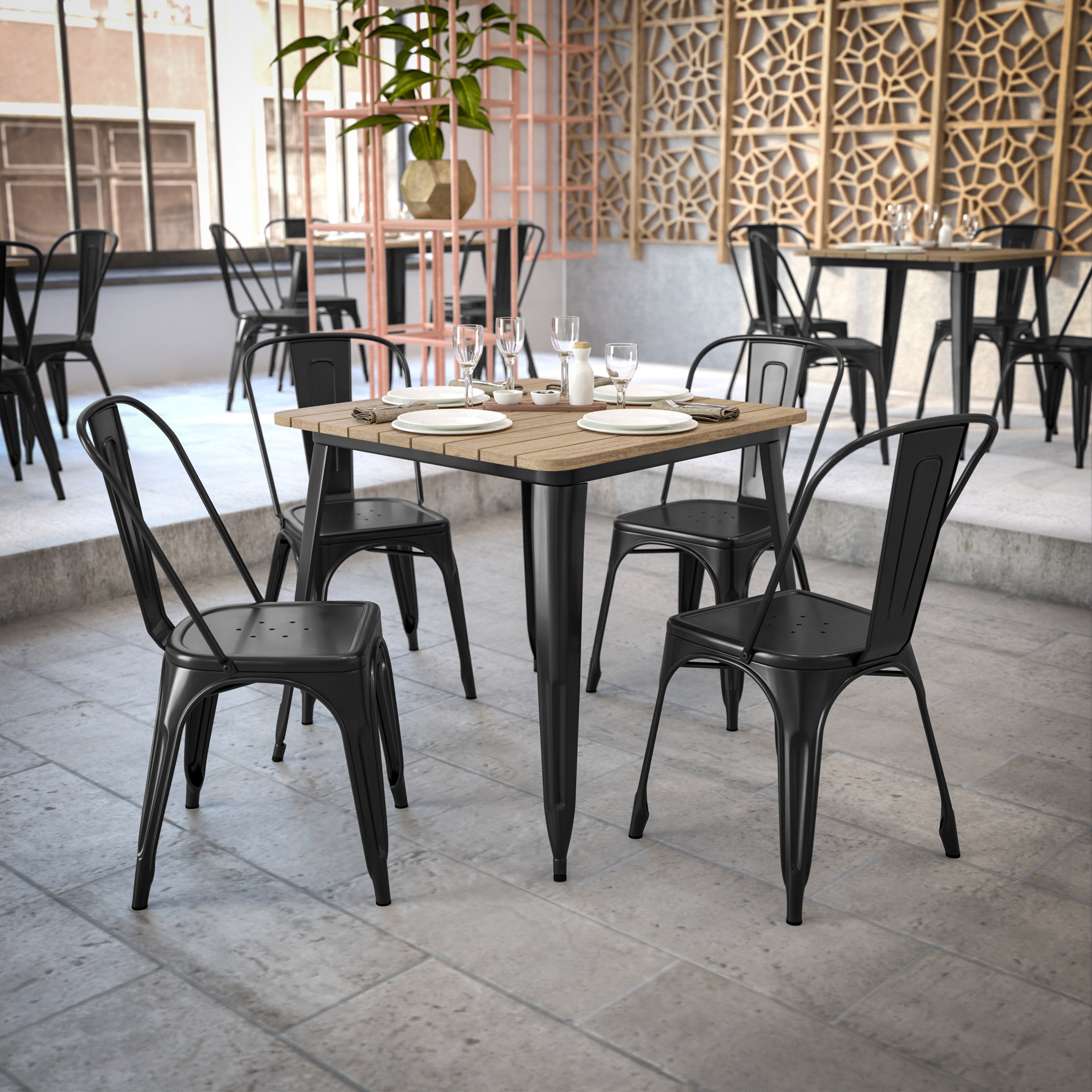 Declan Commercial Grade Indoor/Outdoor Dining Table, 31.5" Square All Weather Brown Poly Resin Top with Black Steel Base