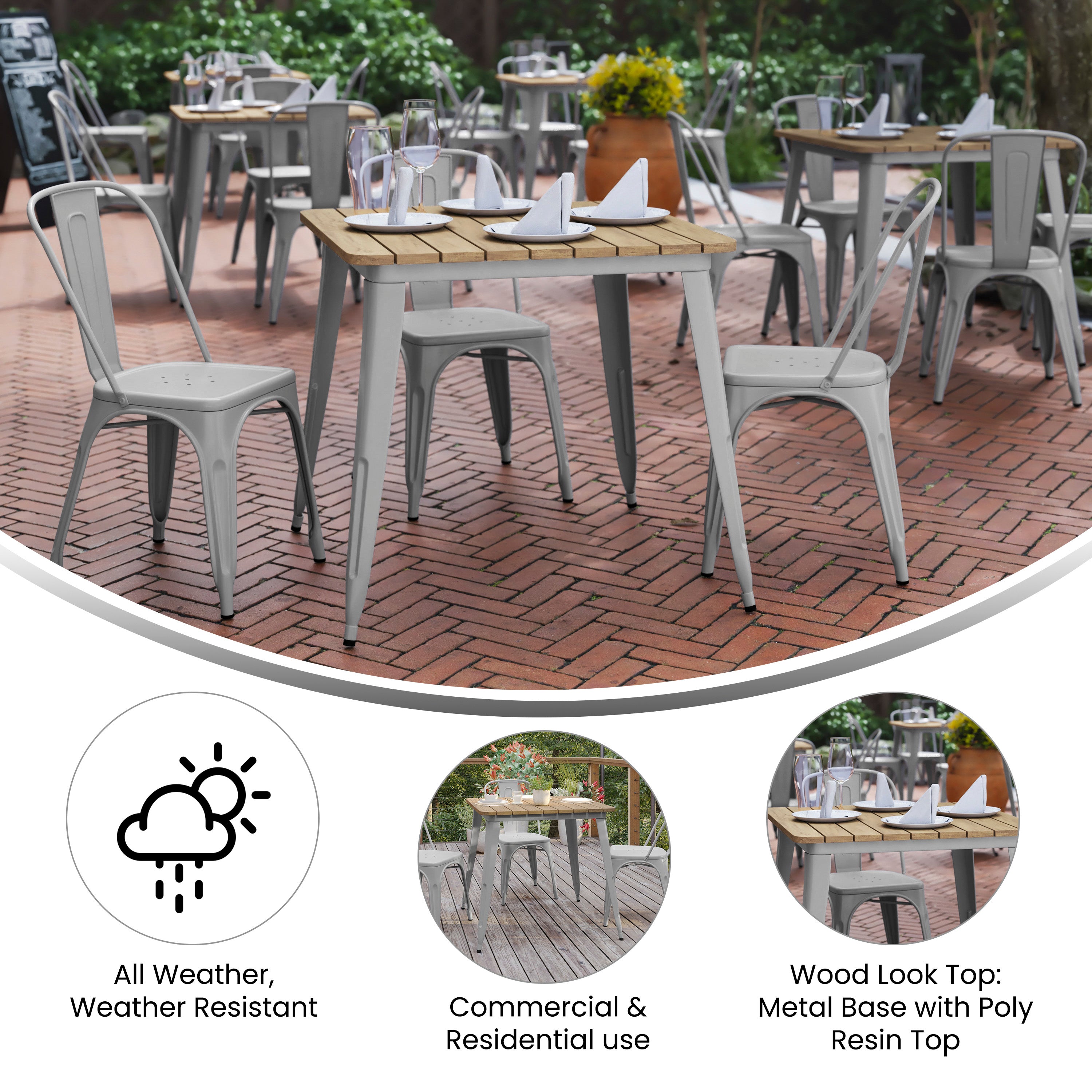 Declan Commercial Grade Indoor/Outdoor Dining Table, 31.5" Square All Weather Brown Poly Resin Top with Silver Steel Base