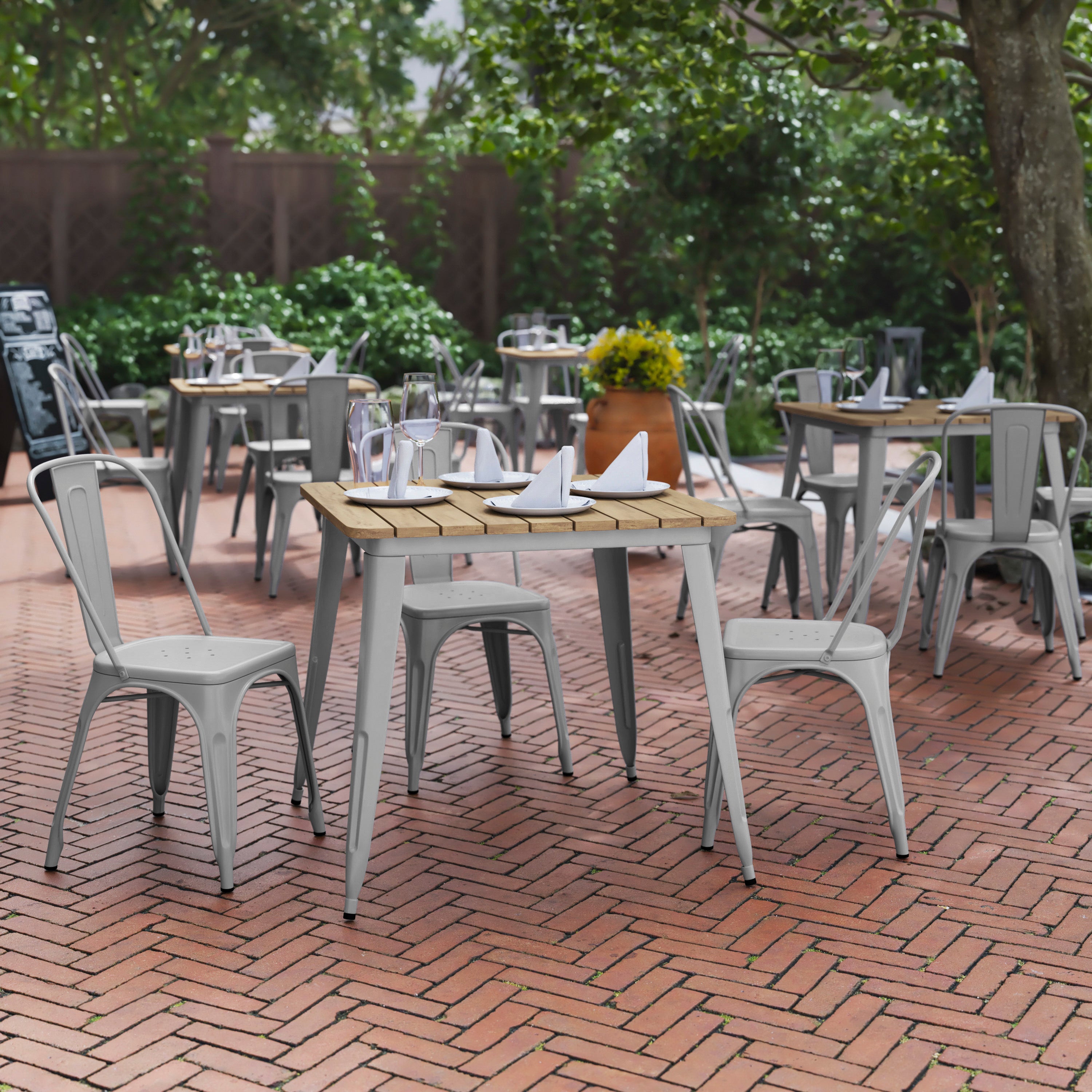 Declan Commercial Grade Indoor/Outdoor Dining Table, 31.5" Square All Weather Brown Poly Resin Top with Silver Steel Base