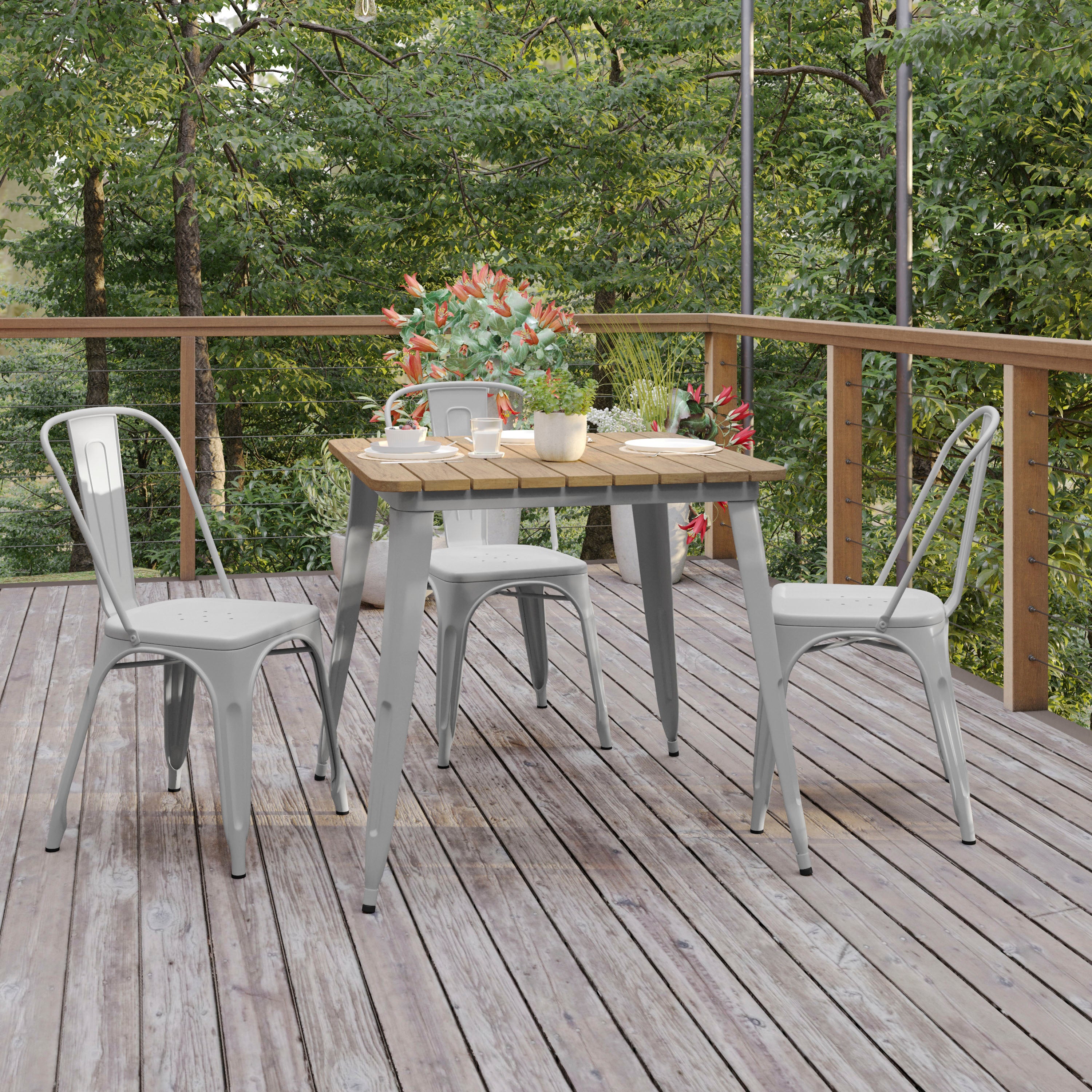 Declan Commercial Grade Indoor/Outdoor Dining Table, 31.5" Square All Weather Brown Poly Resin Top with Silver Steel Base