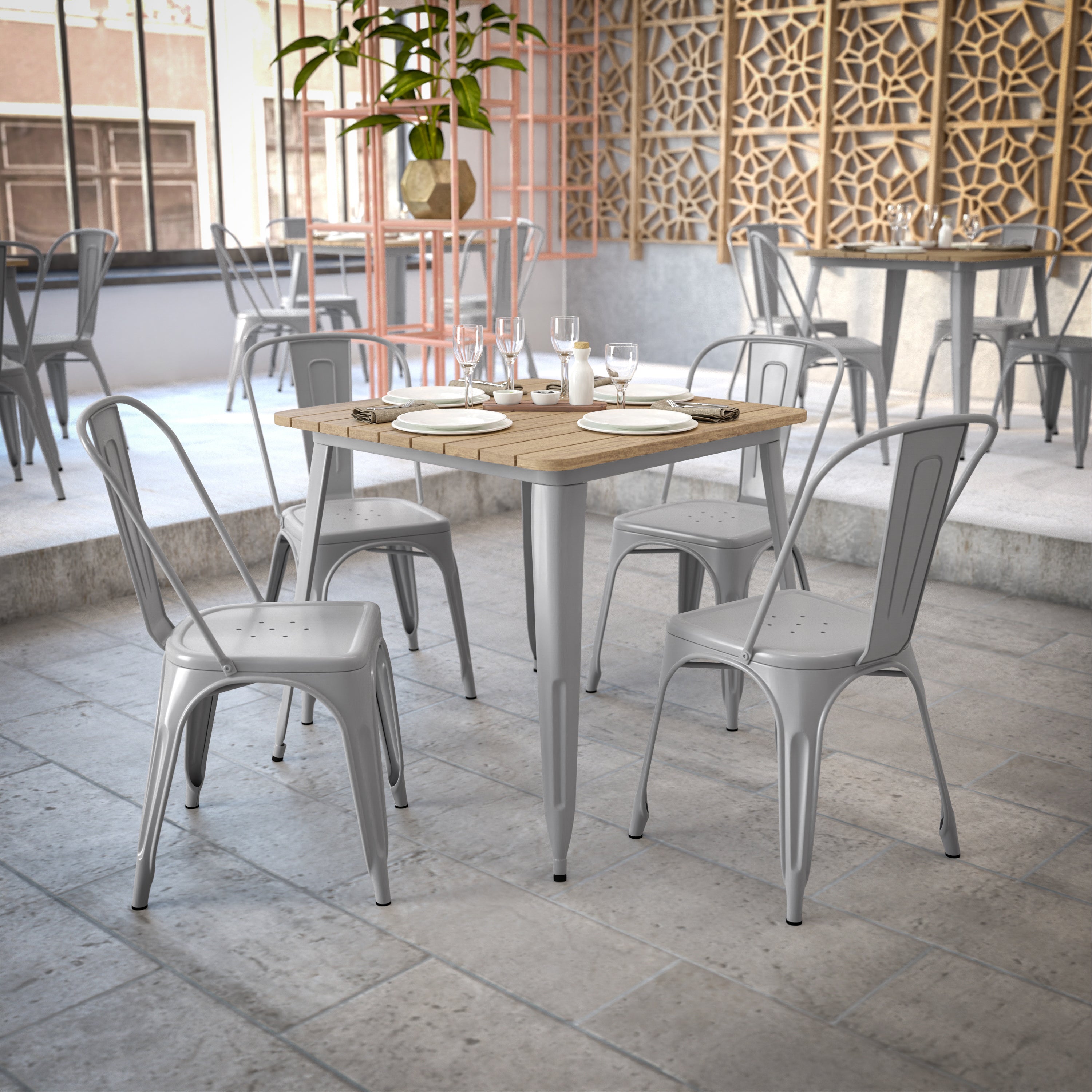 Declan Commercial Grade Indoor/Outdoor Dining Table, 31.5" Square All Weather Brown Poly Resin Top with Silver Steel Base