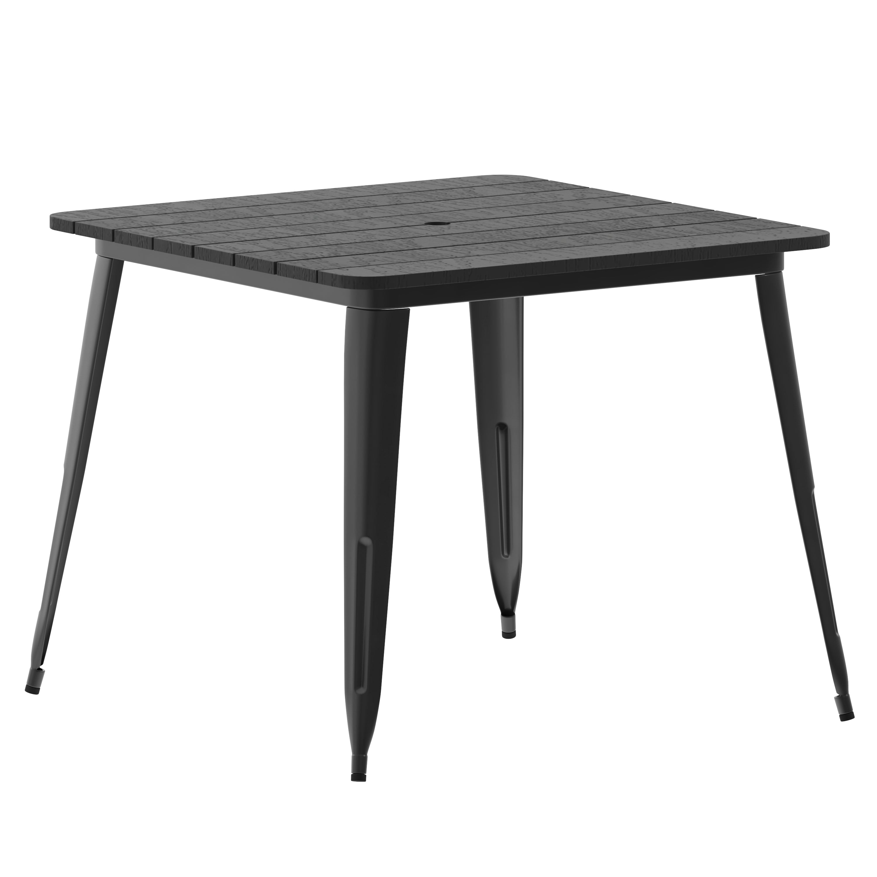 Declan Commercial Indoor/Outdoor Dining Table with Umbrella Hole, 36" Square All Weather Black Poly Resin Top and Black Steel Base