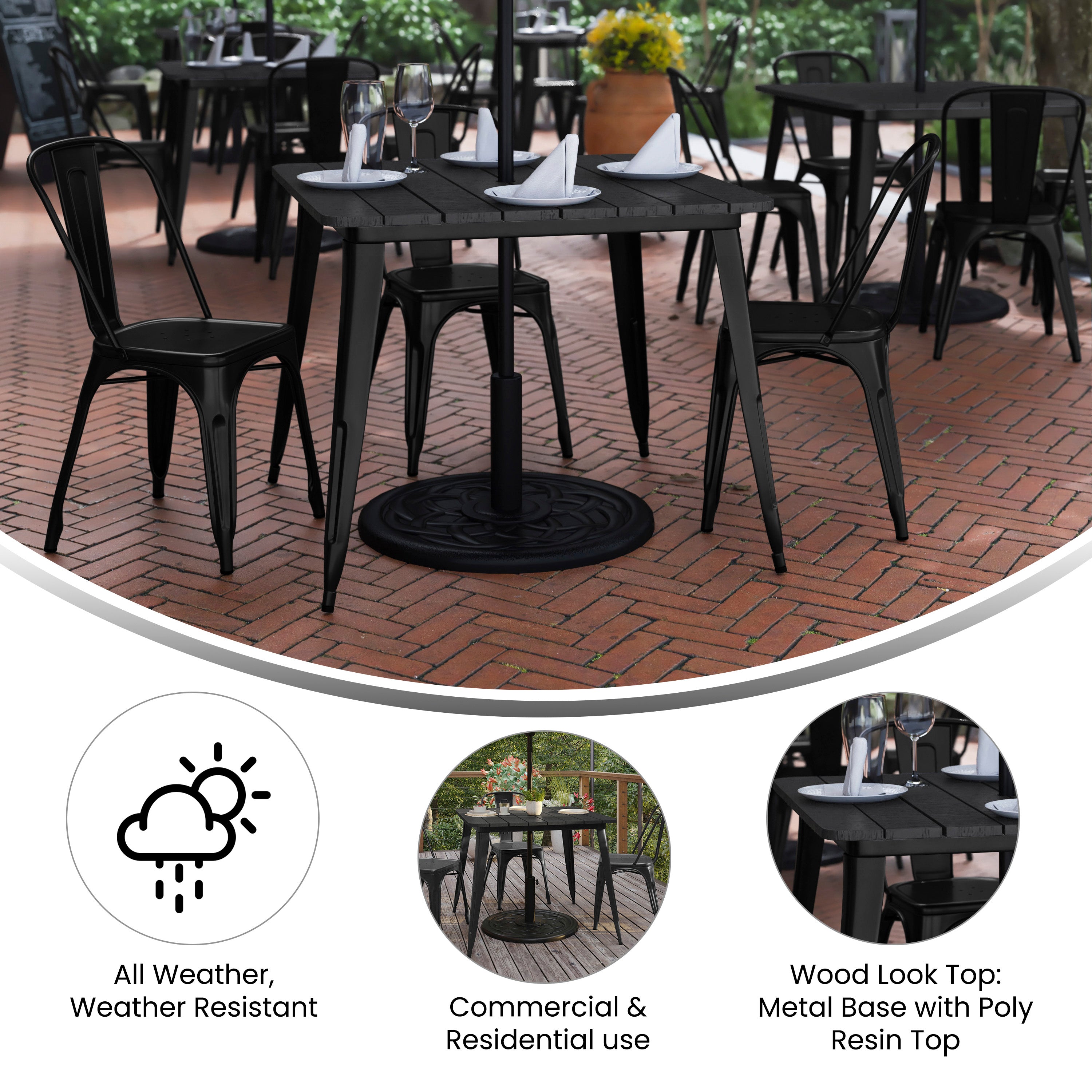 Declan Commercial Indoor/Outdoor Dining Table with Umbrella Hole, 36" Square All Weather Black Poly Resin Top and Black Steel Base