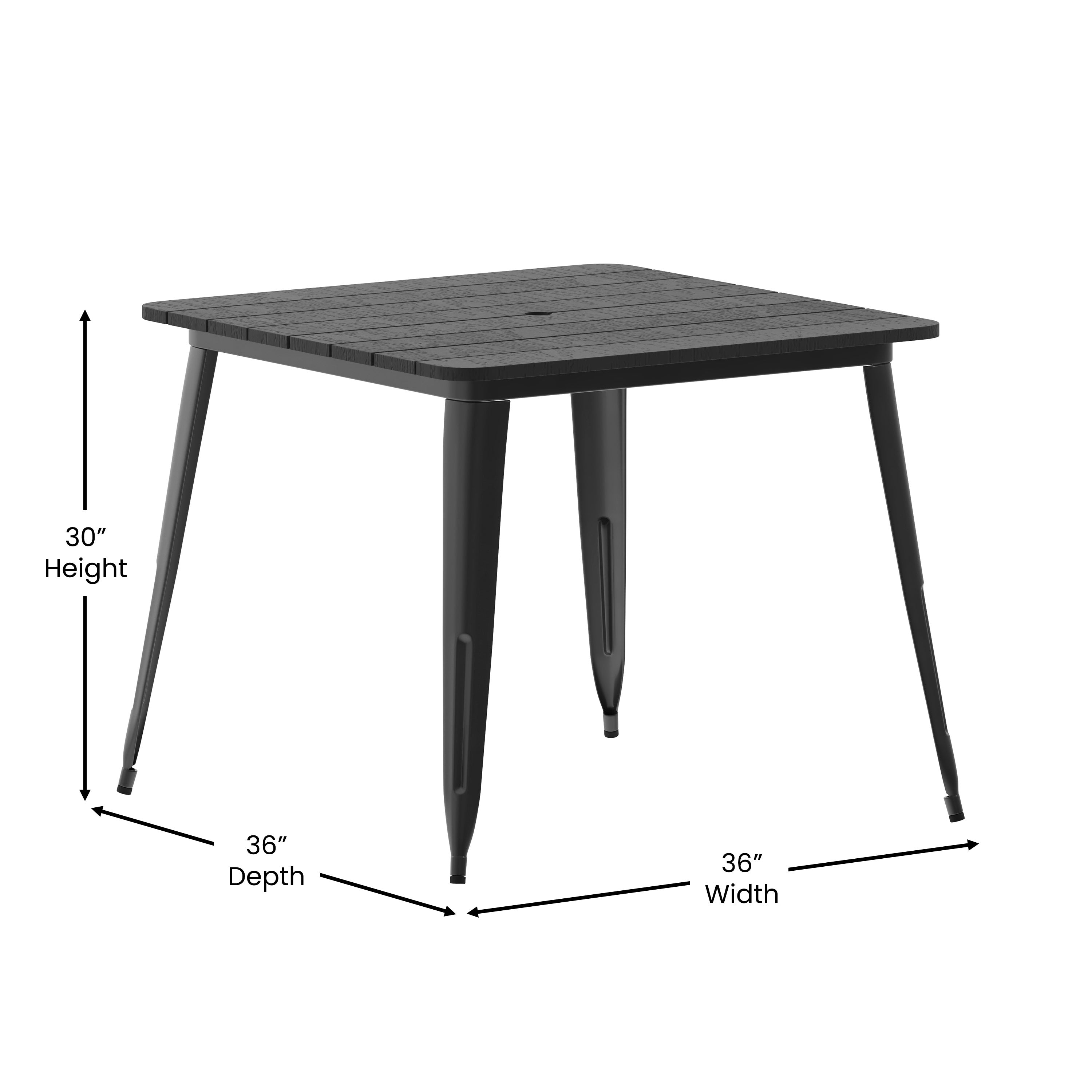 Declan Commercial Indoor/Outdoor Dining Table with Umbrella Hole, 36" Square All Weather Black Poly Resin Top and Black Steel Base