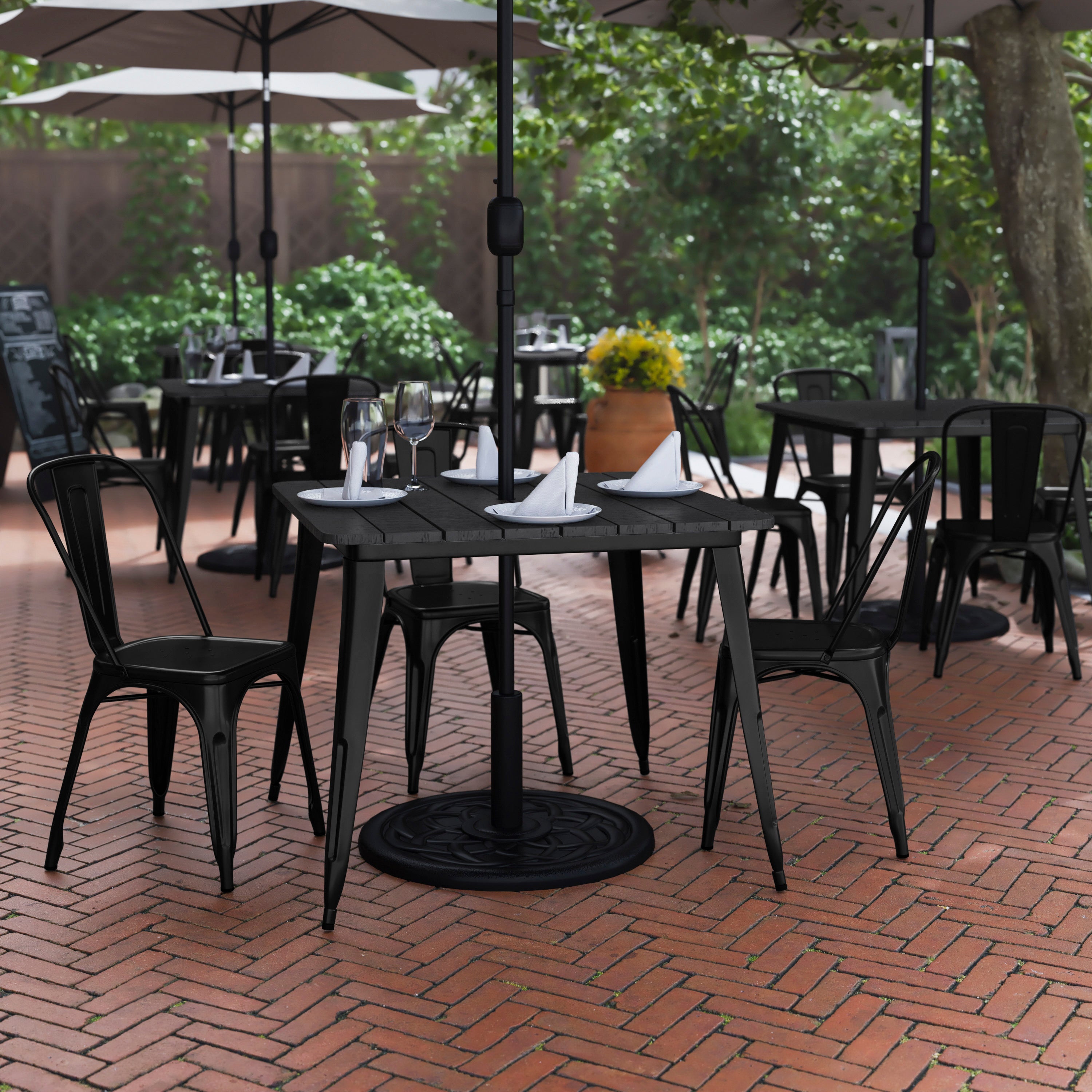Declan Commercial Indoor/Outdoor Dining Table with Umbrella Hole, 36" Square All Weather Black Poly Resin Top and Black Steel Base