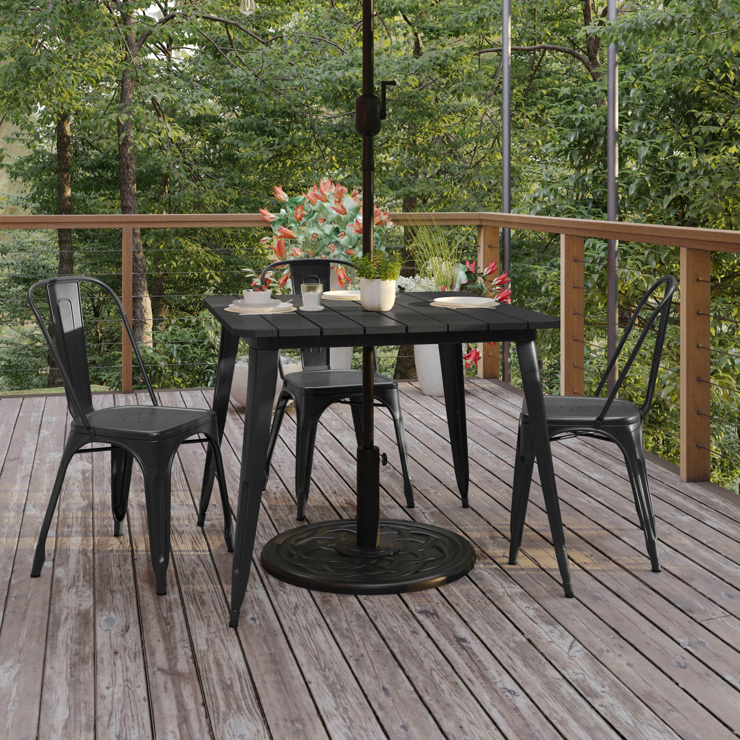 Declan Commercial Indoor/Outdoor Dining Table with Umbrella Hole, 36" Square All Weather Black Poly Resin Top and Black Steel Base