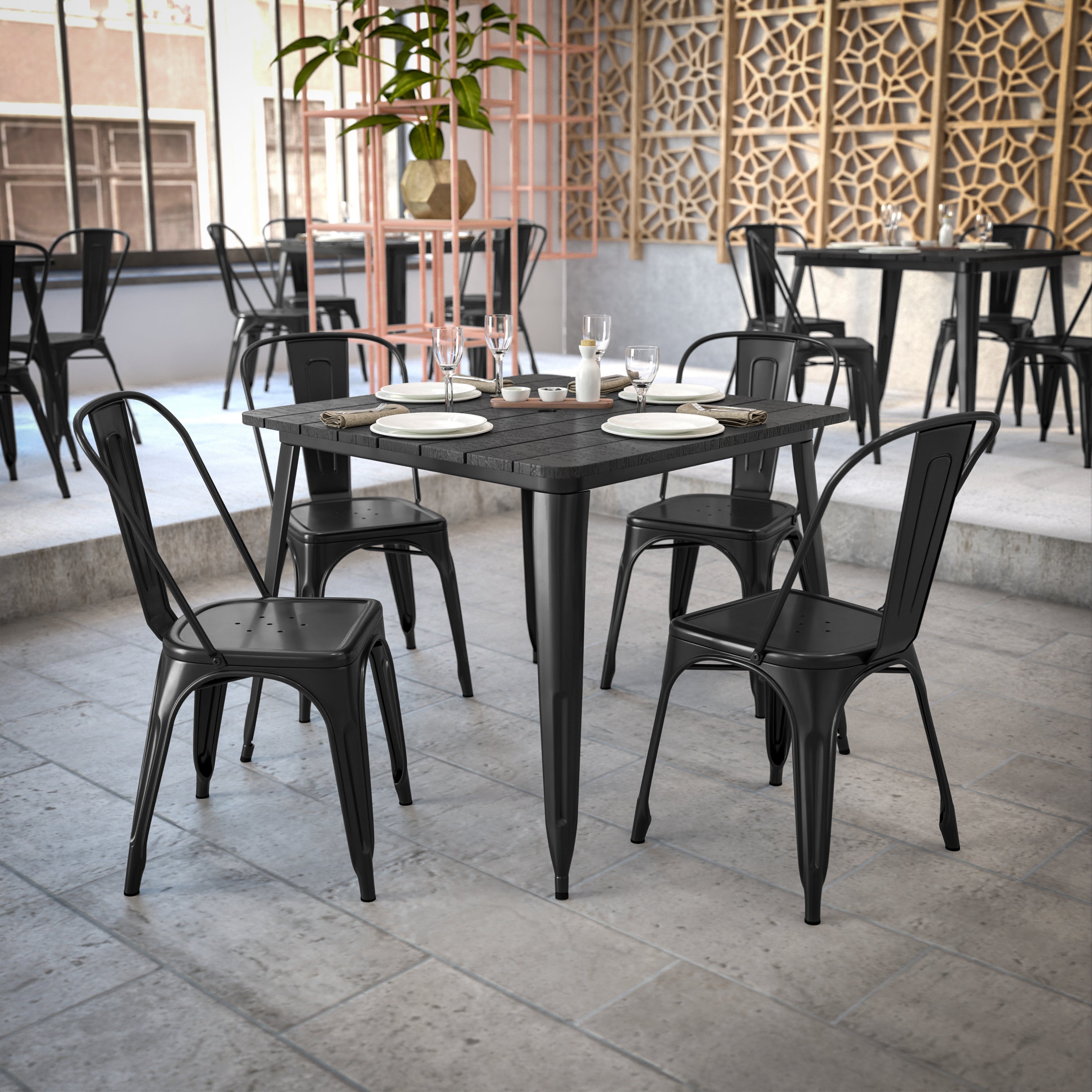 Declan Commercial Indoor/Outdoor Dining Table with Umbrella Hole, 36" Square All Weather Black Poly Resin Top and Black Steel Base